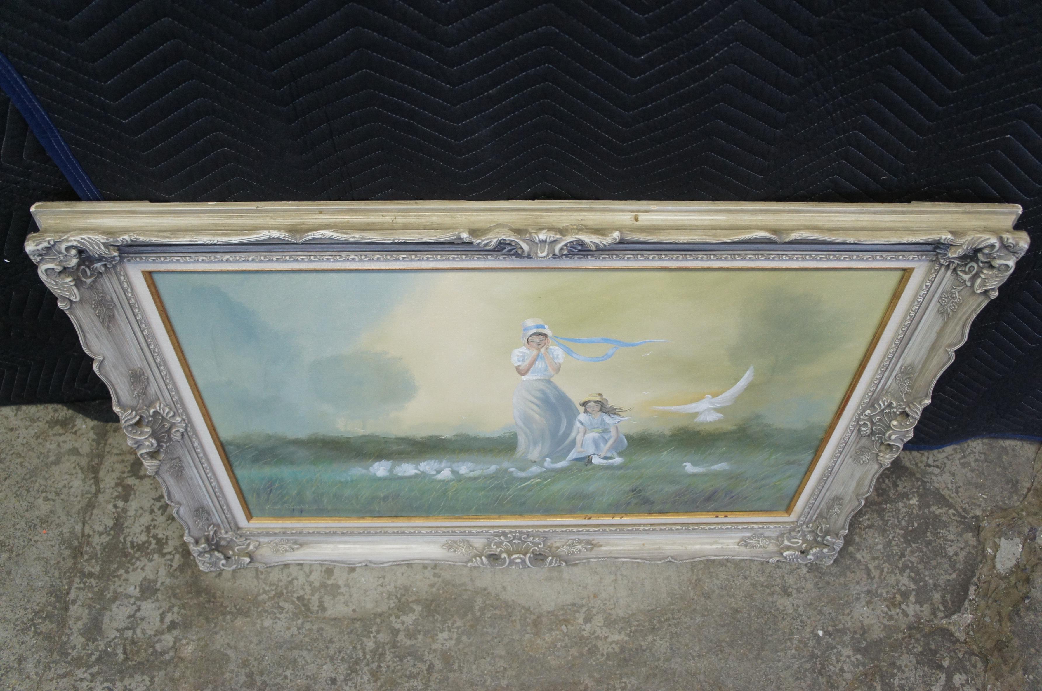 Erroll Dorschel Prairie Paysage Deux filles colombes Peinture à l'huile originale 44 po en vente 5