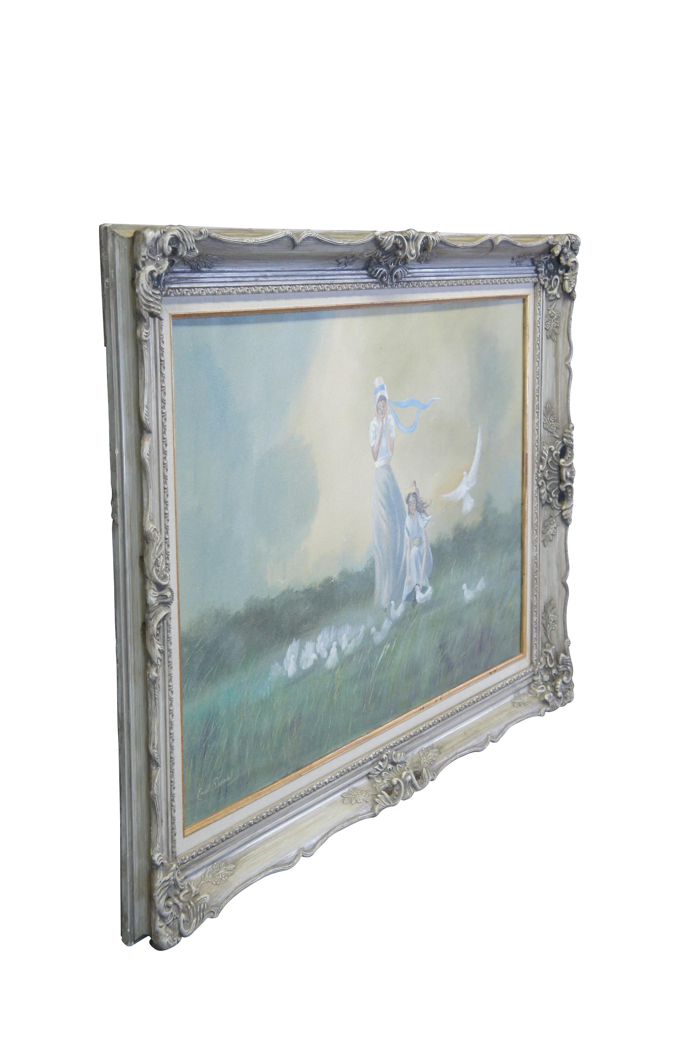 Vintage Erroll Dorschel original landscape oil painting on canvas.  Featuring two girls walking through the prairie with birds / doves.  Framed in scalloped baroque frame. 

Born in Rochester NY of Dutch decent.   He studied in Los Angeles with many