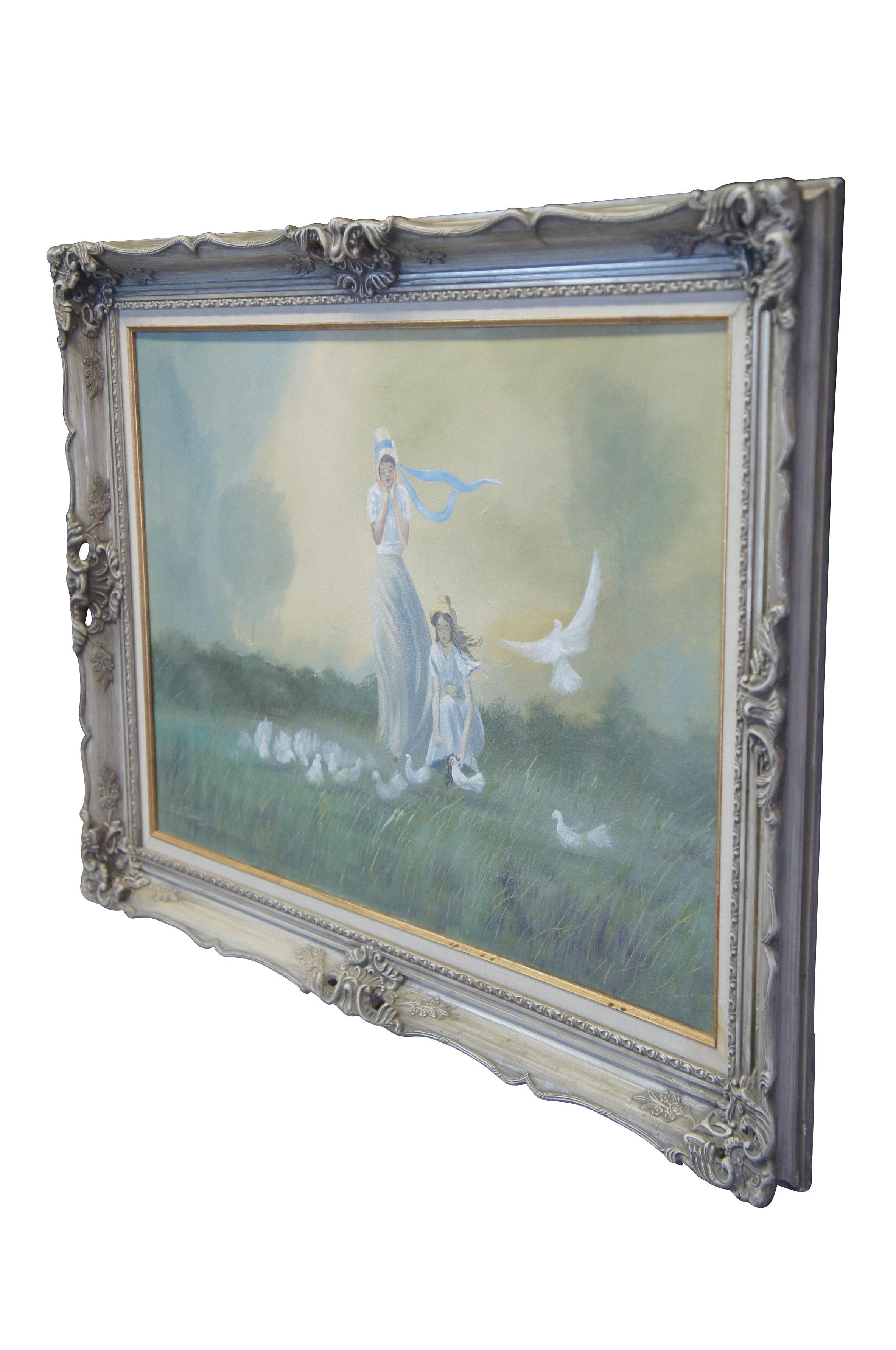 Expressionniste Erroll Dorschel Prairie Paysage Deux filles colombes Peinture à l'huile originale 44 po en vente