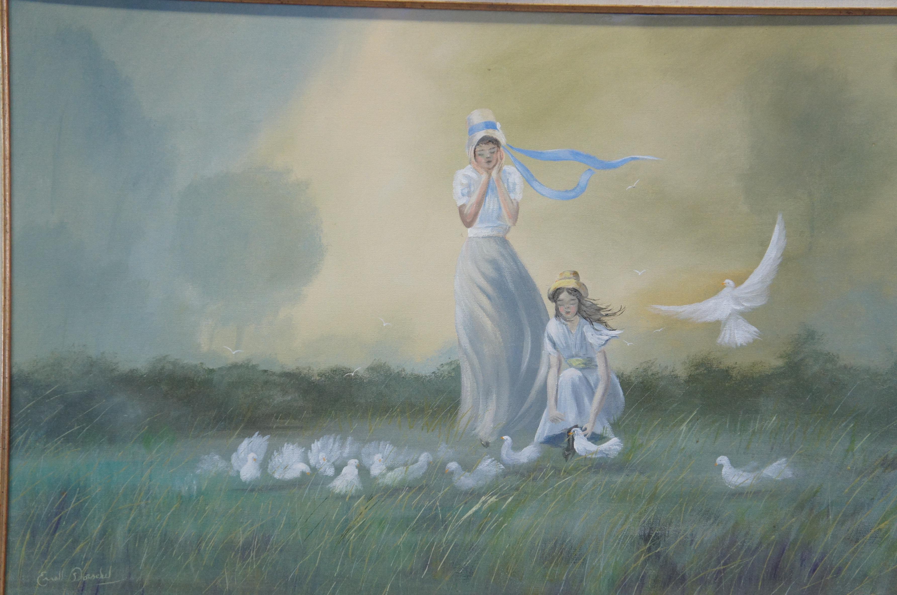 Erroll Dorschel Prairie Paysage Deux filles colombes Peinture à l'huile originale 44 po Bon état - En vente à Dayton, OH