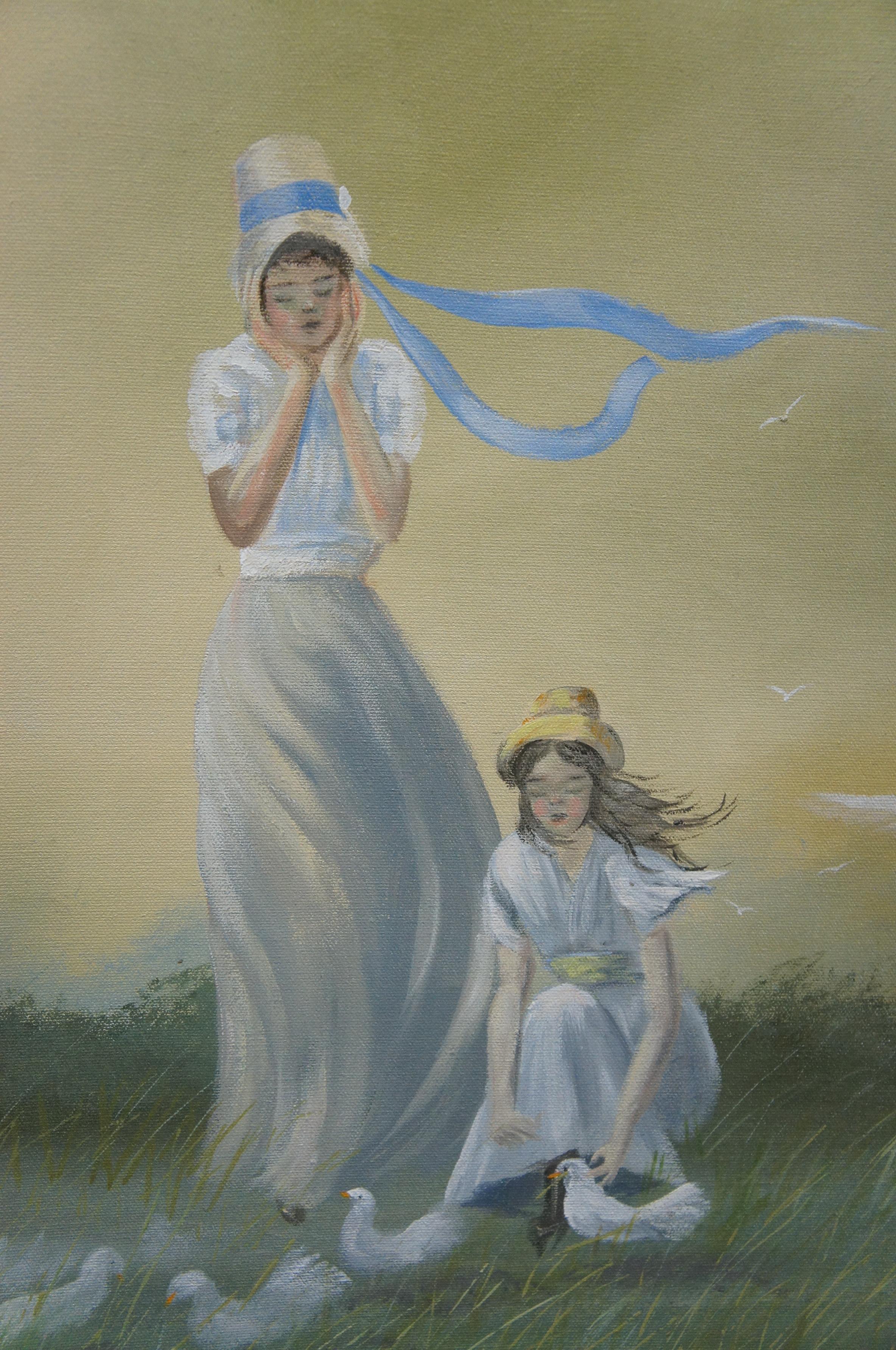 Erroll Dorschel Prairie Paysage Deux filles colombes Peinture à l'huile originale 44 po en vente 1