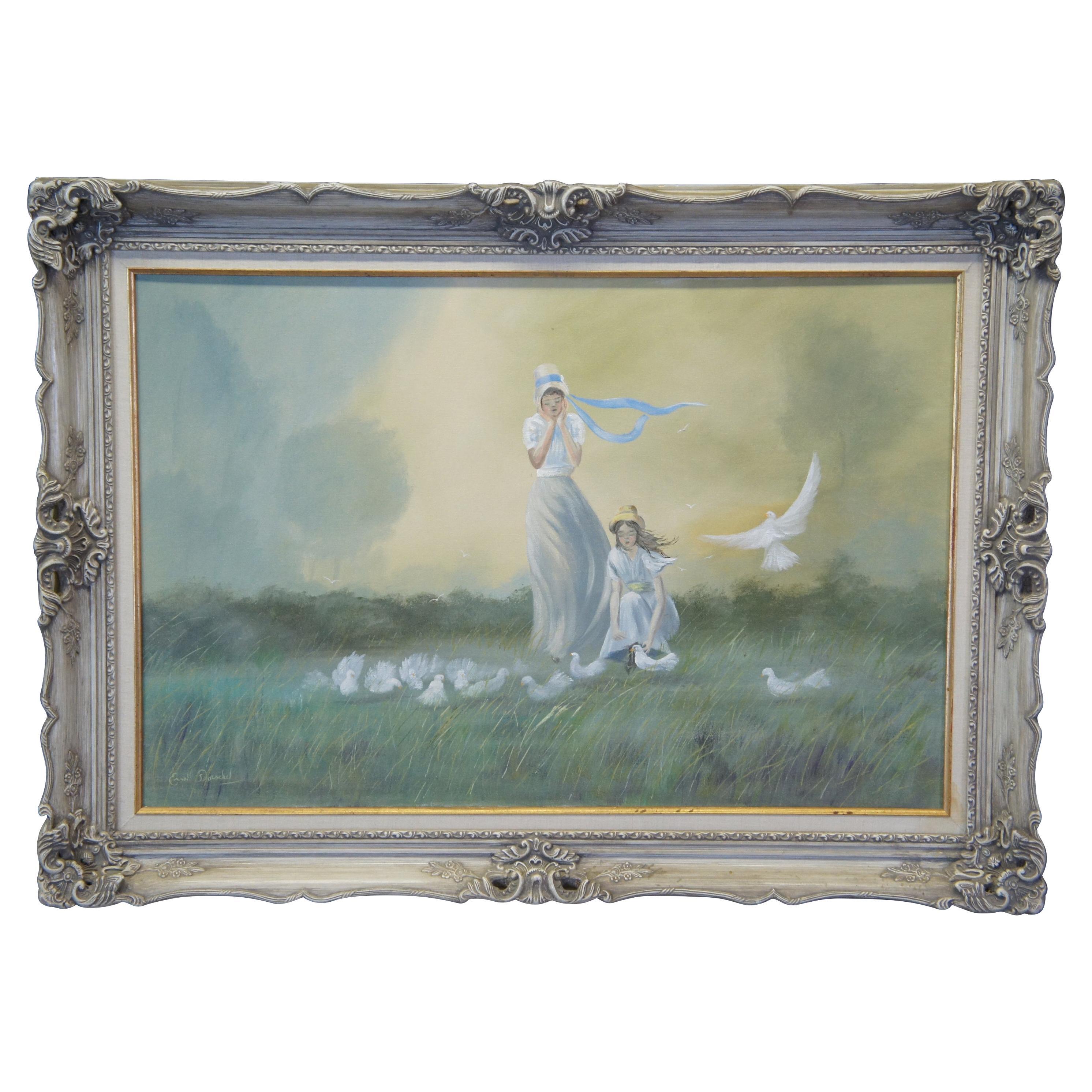 Erroll Dorschel Prairie Landscape Two Girls Doves Original Oil Painting 44" For Sale