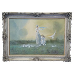 Vintage Erroll Dorschel Prairie Landscape Two Girls Doves Original Oil Painting 44"