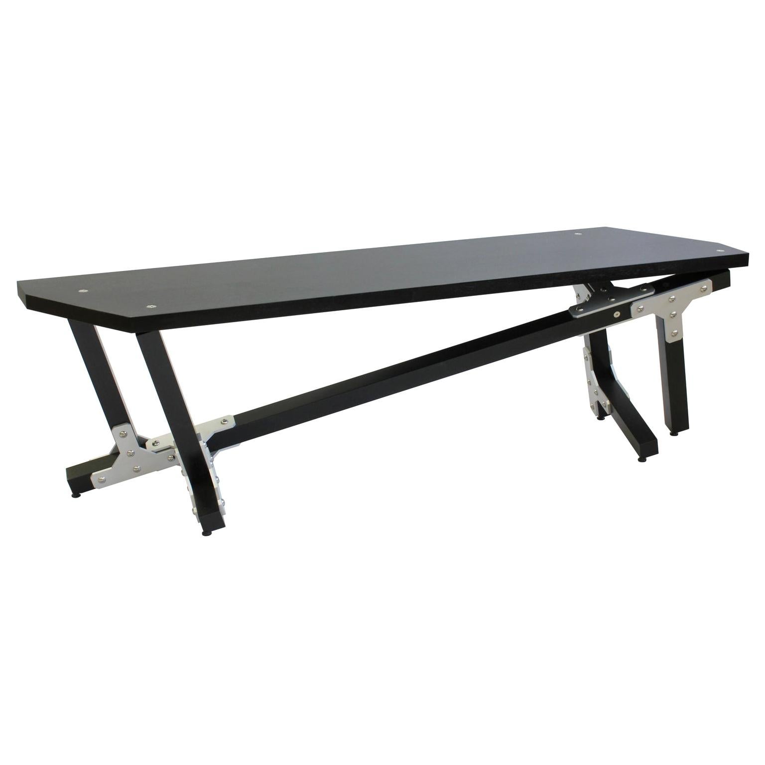 Modern Industrial Black Wood Bench by Peter Harrison with Metal Brackets For Sale