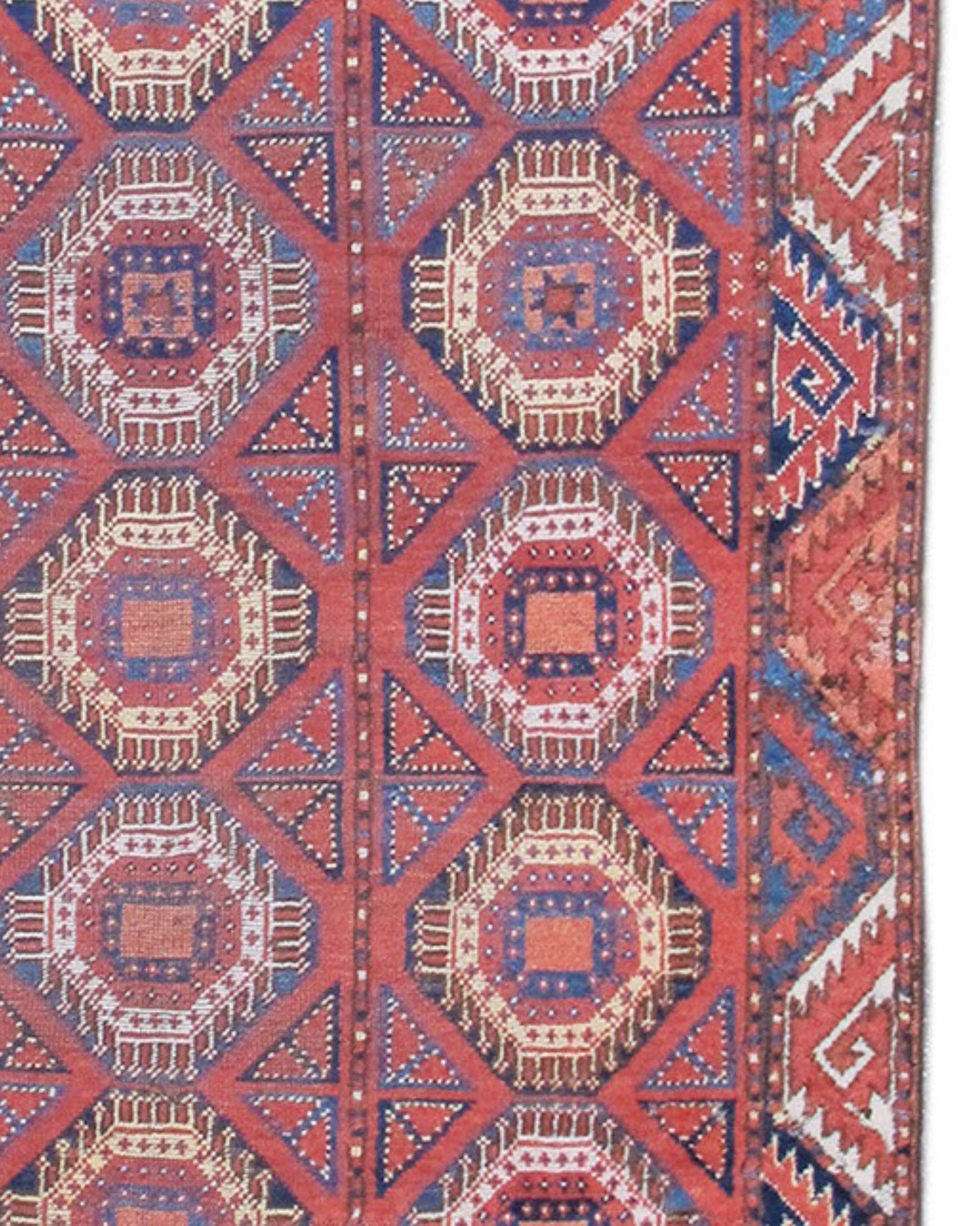 Ersari Long Rug, 19th Century

Woven along the banks of the Oxus River in Central Asia, this long and narrow Bashir carpet represents a distinctive form of Turkmen weaving. The town Bashir is located in what is now Uzbekistan. Its history as a