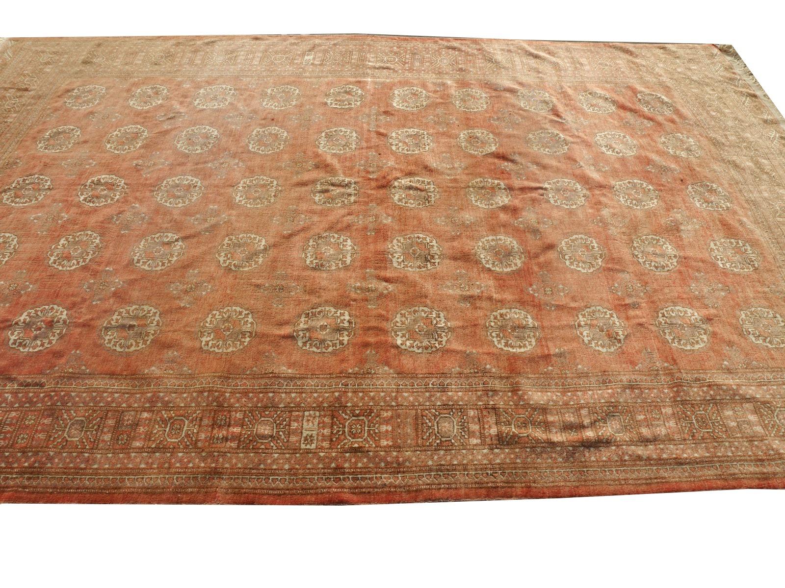 Ersari Rug Tribal Turkoman Hand Knotted Semi Antique Carpet Muted Faded Low Pile For Sale 4