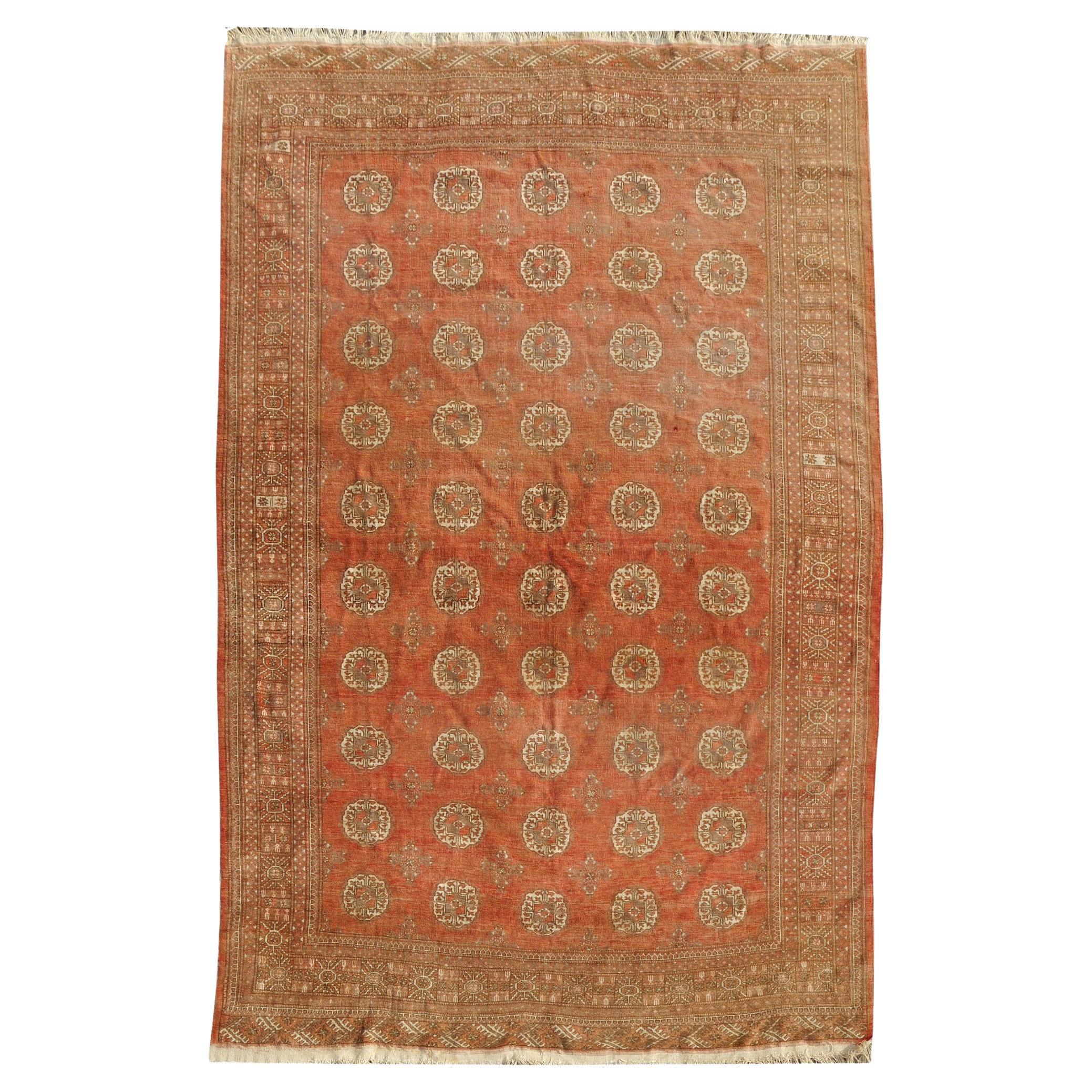Handgeknüpfter halber antiker Teppich, türkischer Stammeskunst-Stammesteppich, verblasste, niedrige Florstruktur