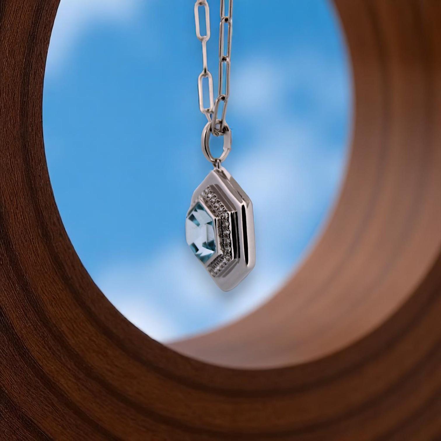 Round Cut Ersilia  18k White Gold Pendant – 3.30 ct Hexagon Blue Topaz & .18 ctw Natural For Sale