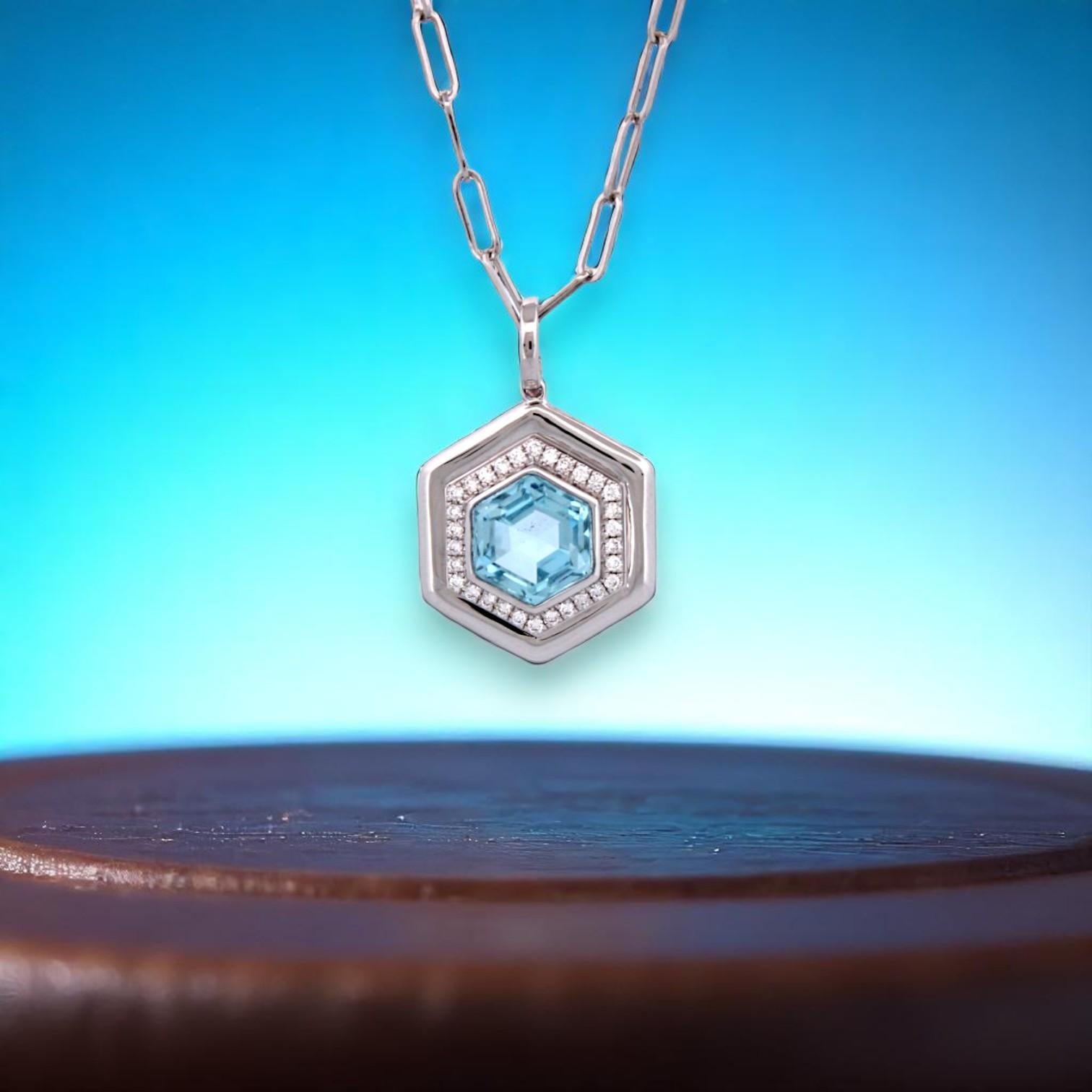 Ersilia  18k White Gold Pendant – 3.30 ct Hexagon Blue Topaz & .18 ctw Natural In New Condition For Sale In Greeneville, TN