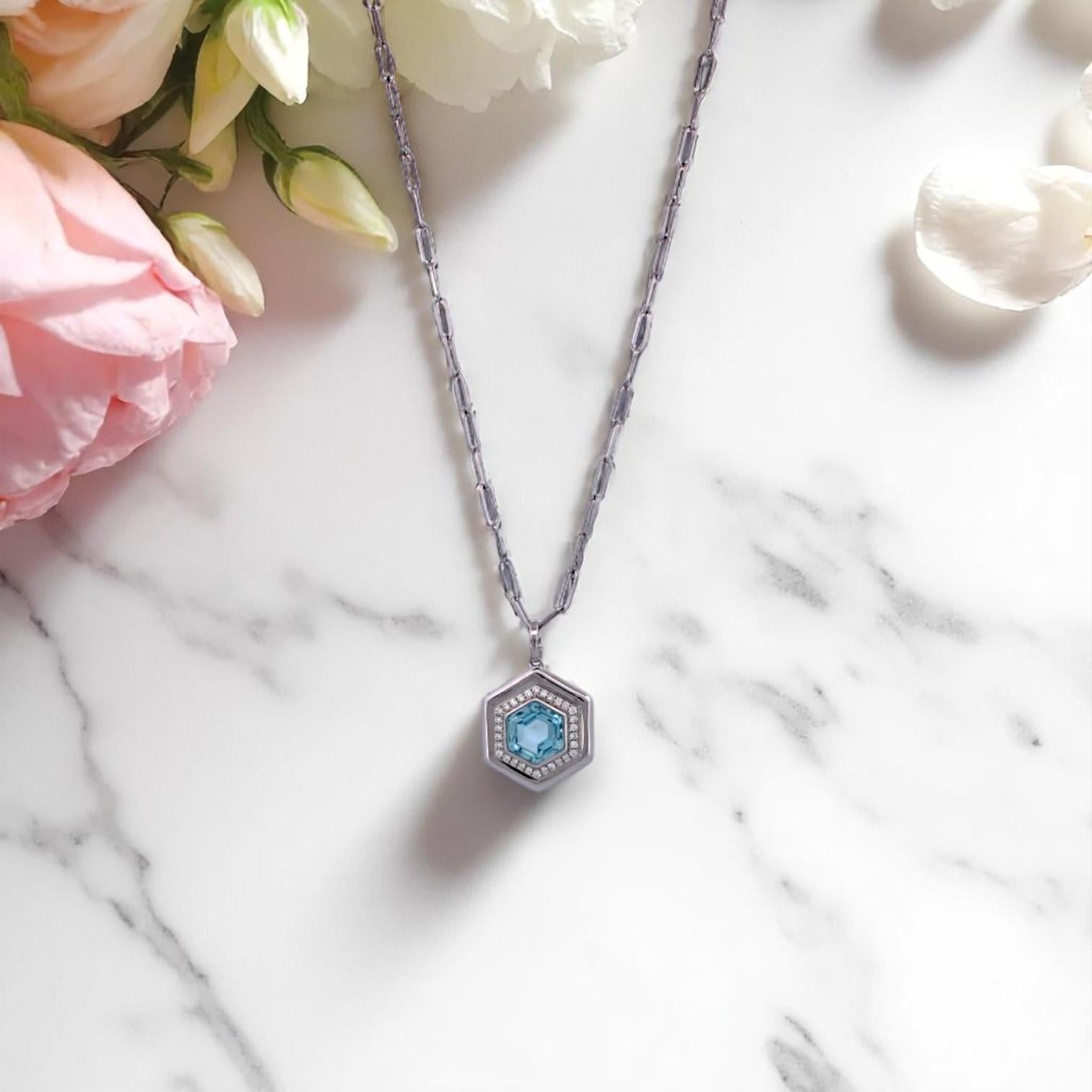Women's Ersilia  18k White Gold Pendant – 3.30 ct Hexagon Blue Topaz & .18 ctw Natural For Sale