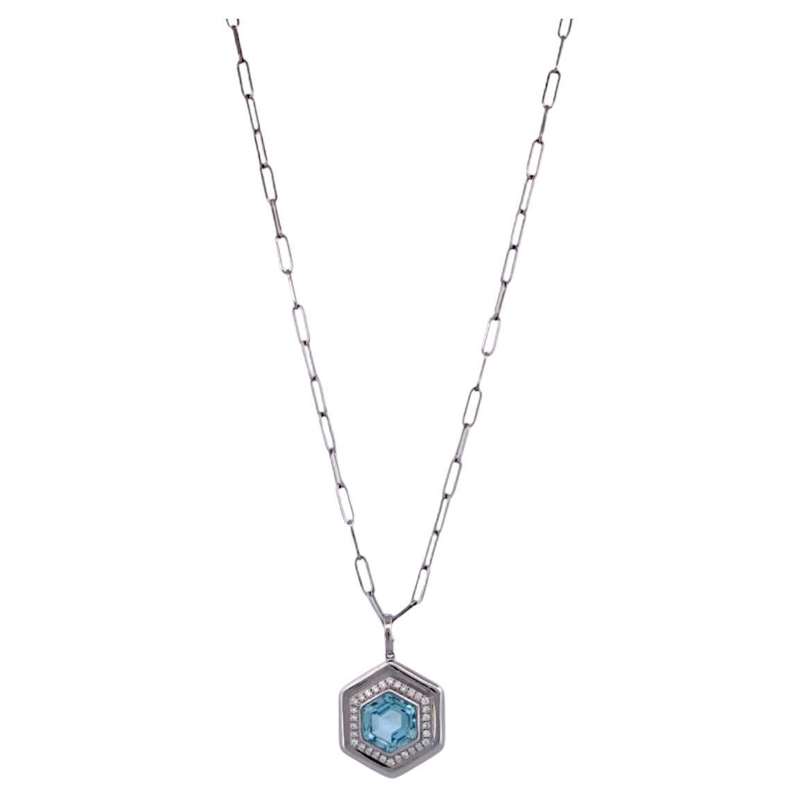 Ersilia  18k White Gold Pendant – 3.30 ct Hexagon Blue Topaz & .18 ctw Natural For Sale