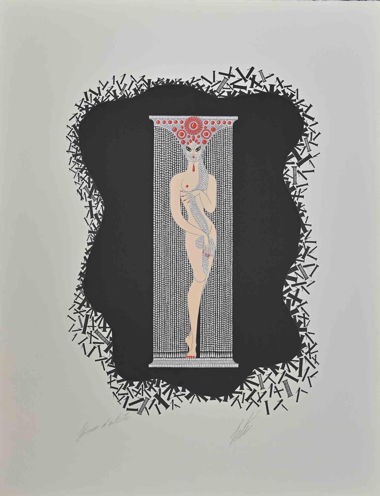 Le 1 is a contemporary modern artwork realized in 1968 by Erté (Romain de Tirtoff).

Mixed colored lithograph on paper.

The artwork is from the Series "Les Chiffres".

Hand signed on the lower margin.

Artist's proof.

Good conditions except for