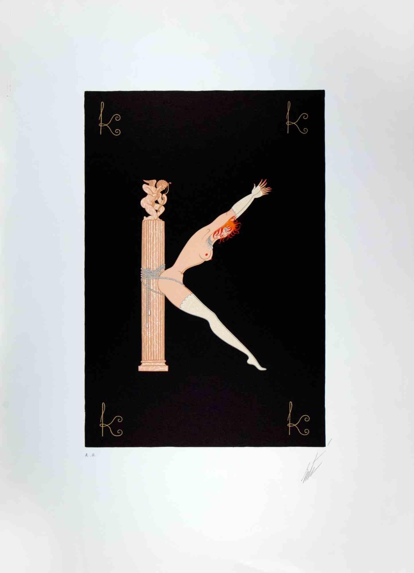 La lettre K - de la suite Lettres de l'alphabet est une œuvre d'art contemporain réalisée par Erté (Romain de Tirtoff).

Lithographie et sérigraphie.

L'œuvre est tirée de la suite "Lettres de l'alphabet", 1976.

Signé à la main dans la marge