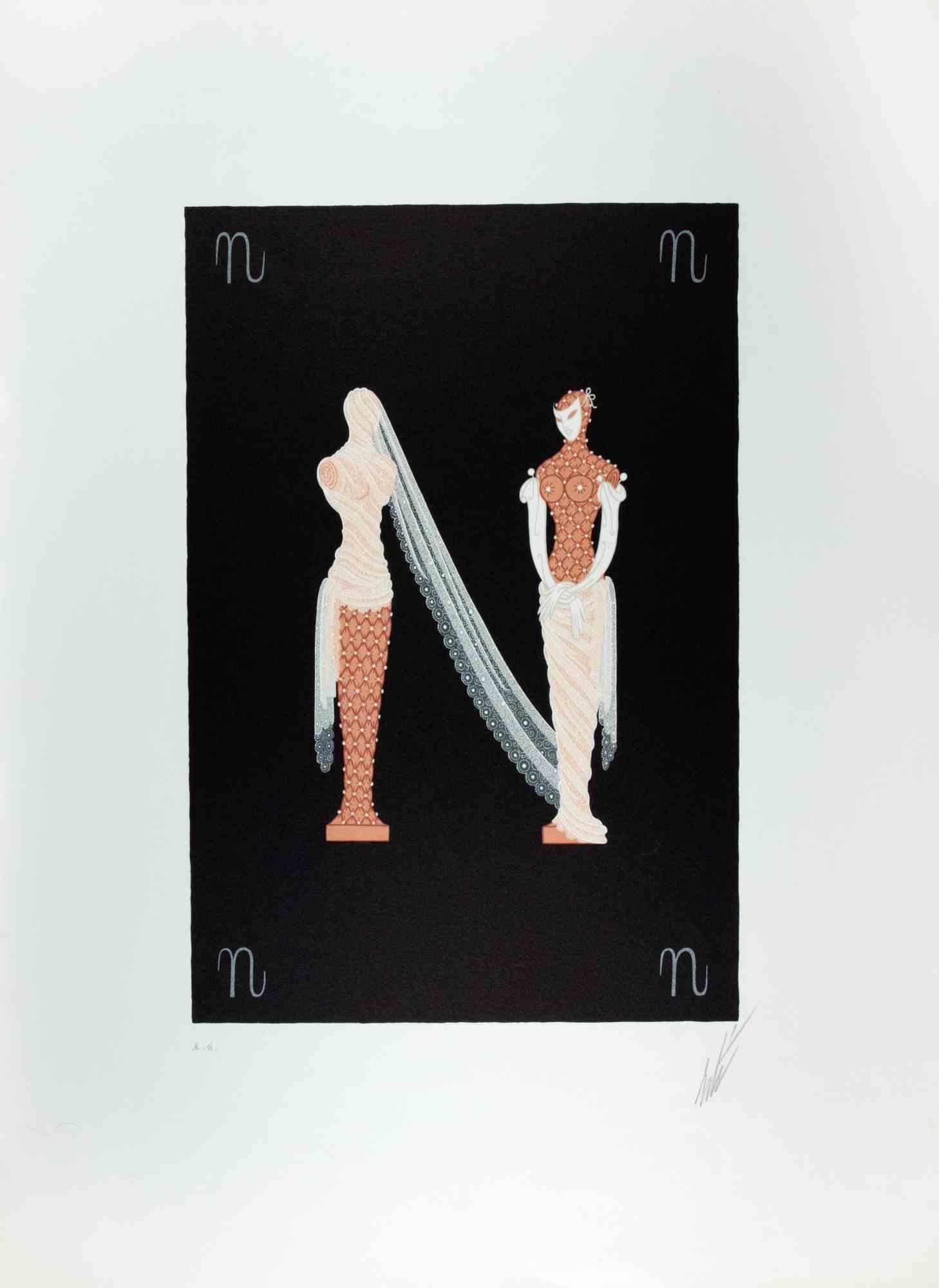 Letter N - from the suite Letters of the Alphabet is a contemporary artwork realized by Erté (Romain de Tirtoff).

Lithograph and Screen Print.

The artwork is from the suite "Letters of the Alphabet", 1976.

Hand signed on the lower margin. Artist