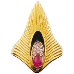 Erte 14 Karat Gold Peacock Rayonnement Ring Diamonds Ruby Limited Edition