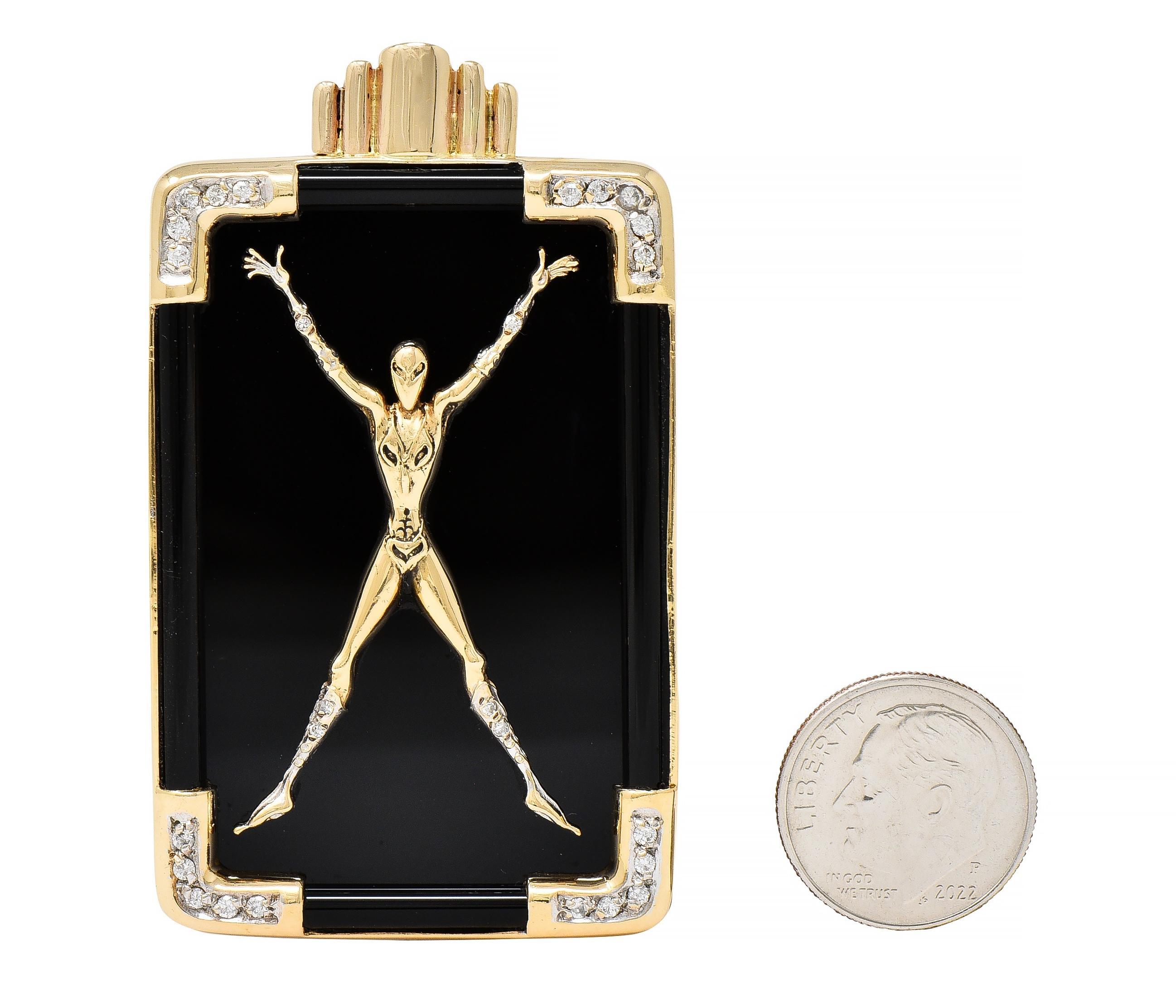 Women's or Men's Erté 14 Karat Yellow Gold Diamond Onyx Alien 