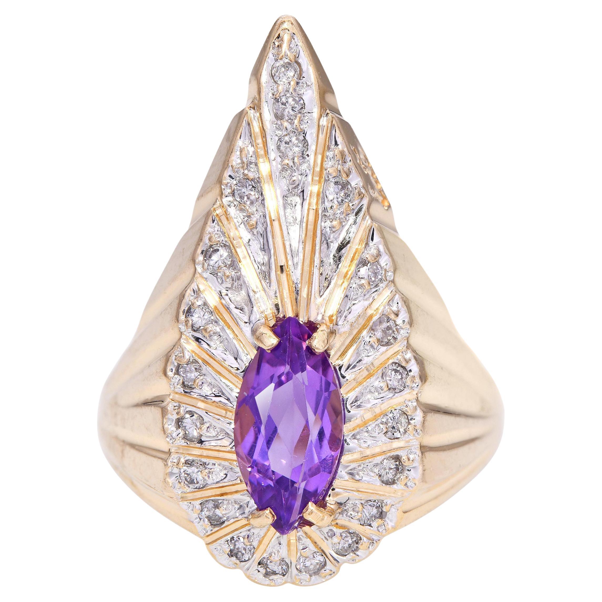 Erte 14k Yellow Gold Amethyst and Diamond Peacock Ring