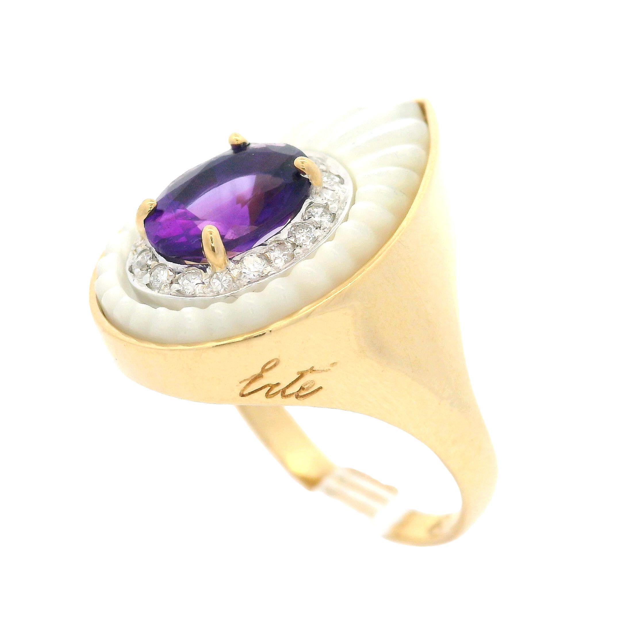 --Stone(s):--
(1) Natural Genuine Amethyst - Oval Cut - Prong Set - Vivid Purple Color - 9x7.1mm (approx.)
(1) Genuine Cultured Mother Of Pearl - Custom Cut - Bezel Set - White Color - 20.8x13.2mm (approx.)
(18) Natural Genuine Diamonds - Single &