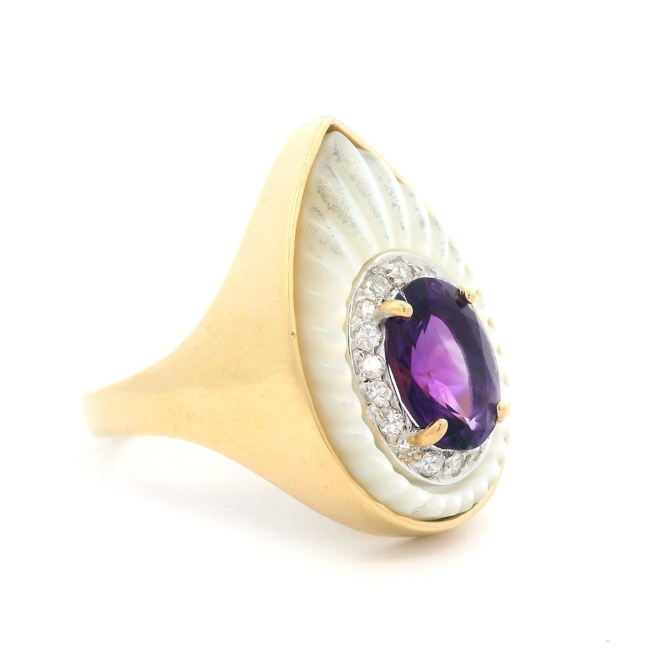 Erté 14k Yellow Gold Amethyst MOP & DiamondPear Cocktail Ring 2