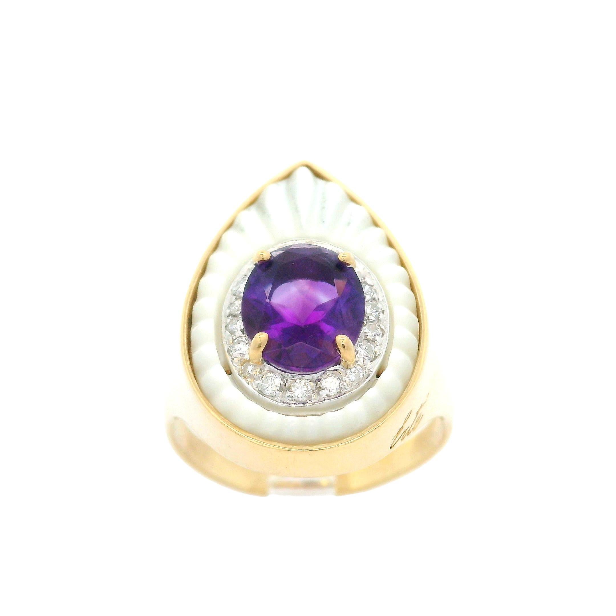 Erté 14k Yellow Gold Amethyst MOP & DiamondPear Cocktail Ring 3