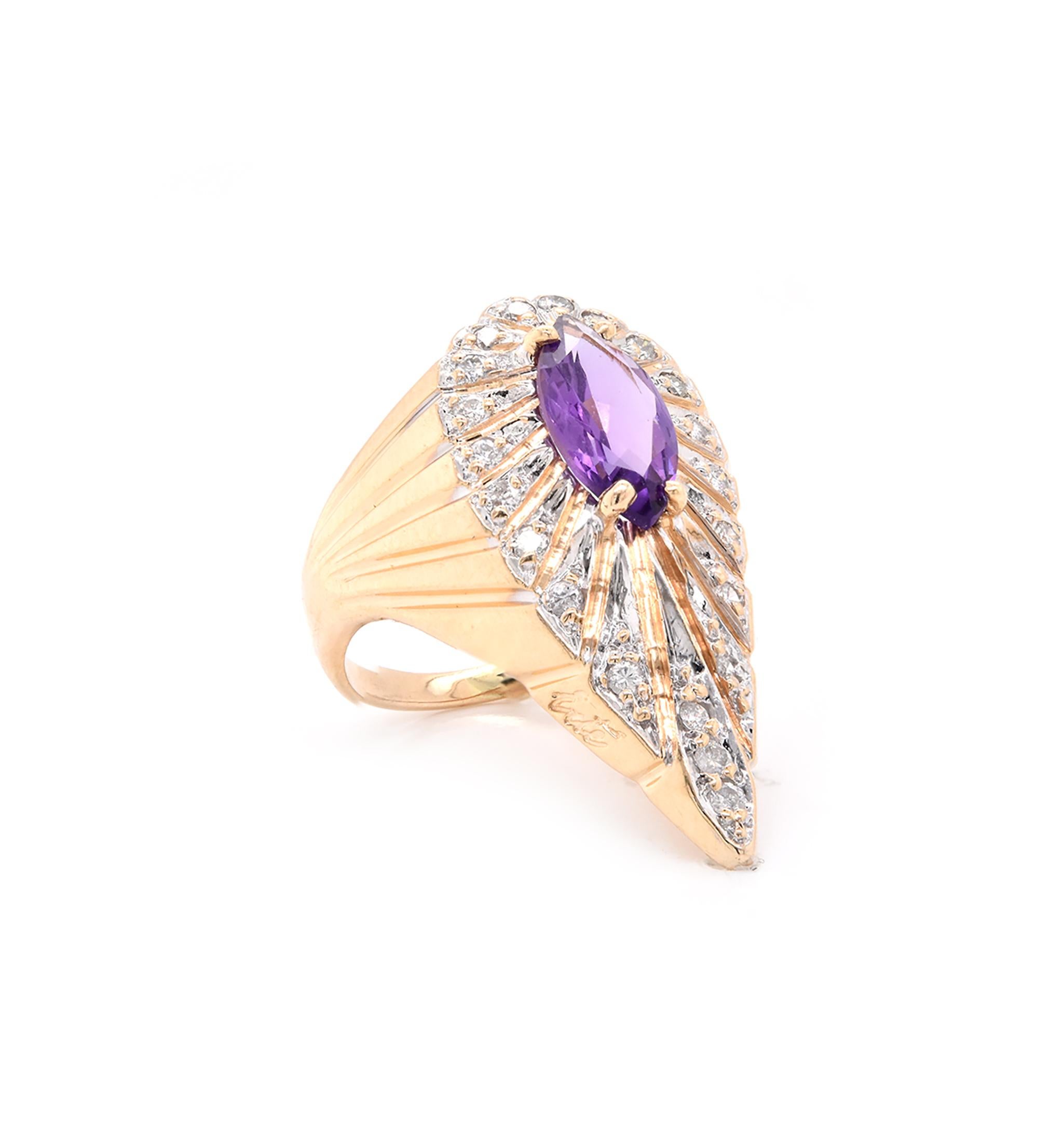 Designer: Erte
Material: 18K yellow gold
Amethyst: 1 marquise cut = .70ct
Diamonds: 21 round cut = .21cttw
Color: H
Clarity: SI2
Weight: 5.23 grams
Measurement: ring top measures 26 X 17.5 MM
Size: 3.5
