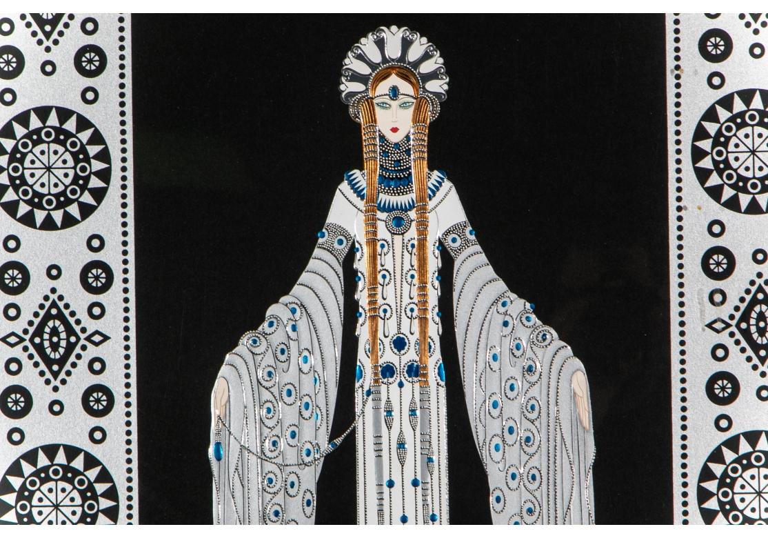 Great decorative piece by Art Deco artist Erté (1892-1990) 20th century.
1985 Production. Signed lower right, numbered 184/300 lower left. An elegant female figure in silver with added colored details on black ground. He executed the same image in