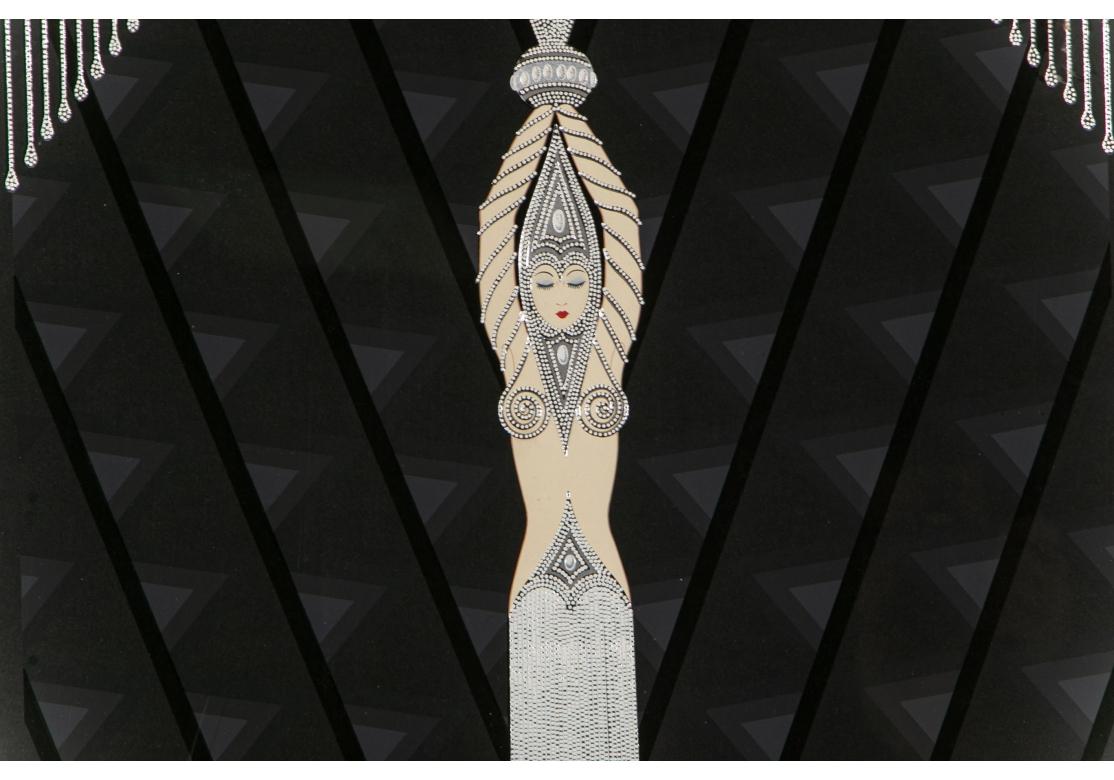 Signed lower right, numbered 115/300 lower left. A 1987 design. A dramatic Art Deco style image of a female performer figure in silver adorned with pearls and diamonds on a black ground.
Measures: 33 x 25 1/2'
Fine quality black and white acrylic
