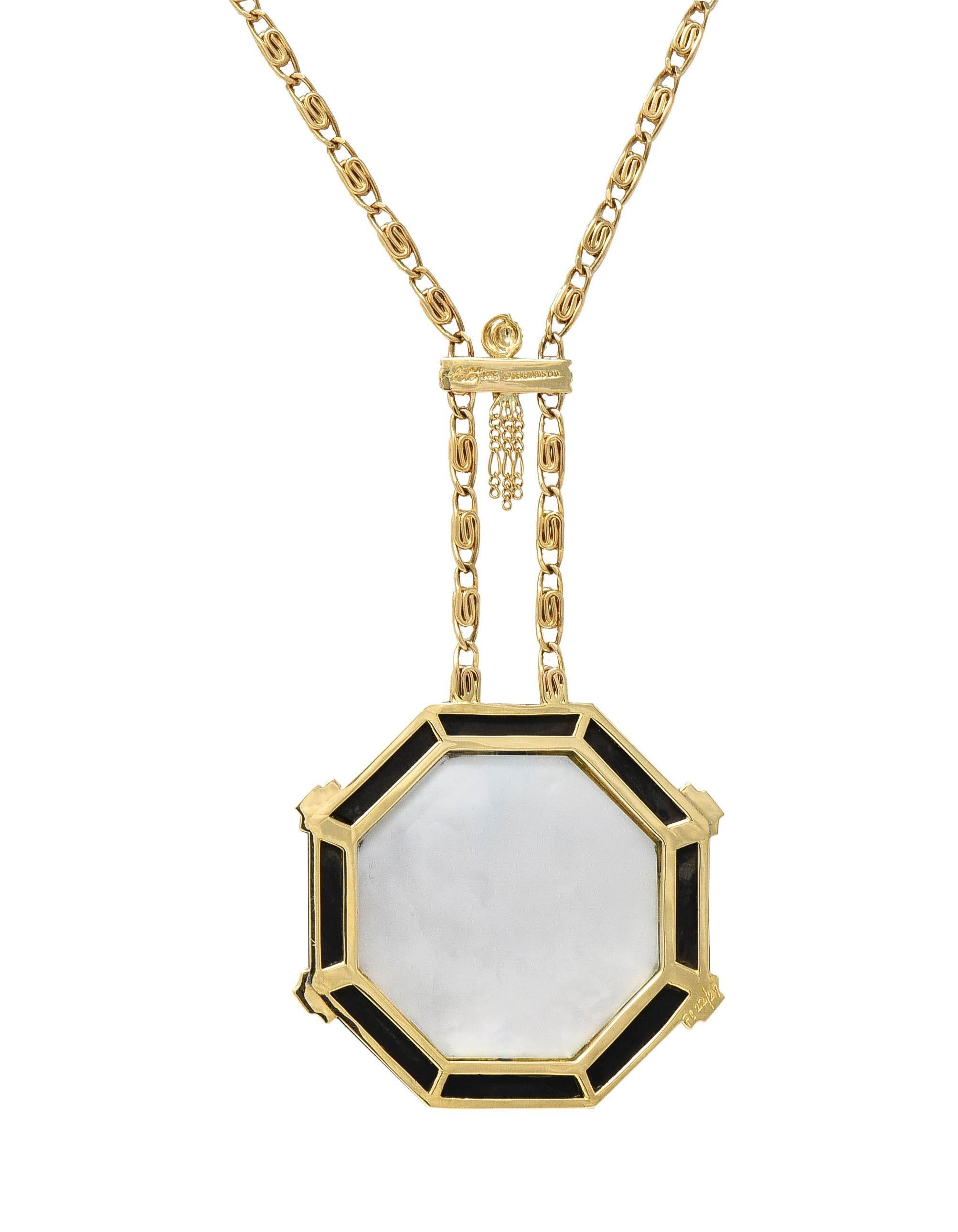 Erté 1970's Diamond Onyx Mother-Of-Pearl 14K Gold Vintage Aventurine Necklace 7