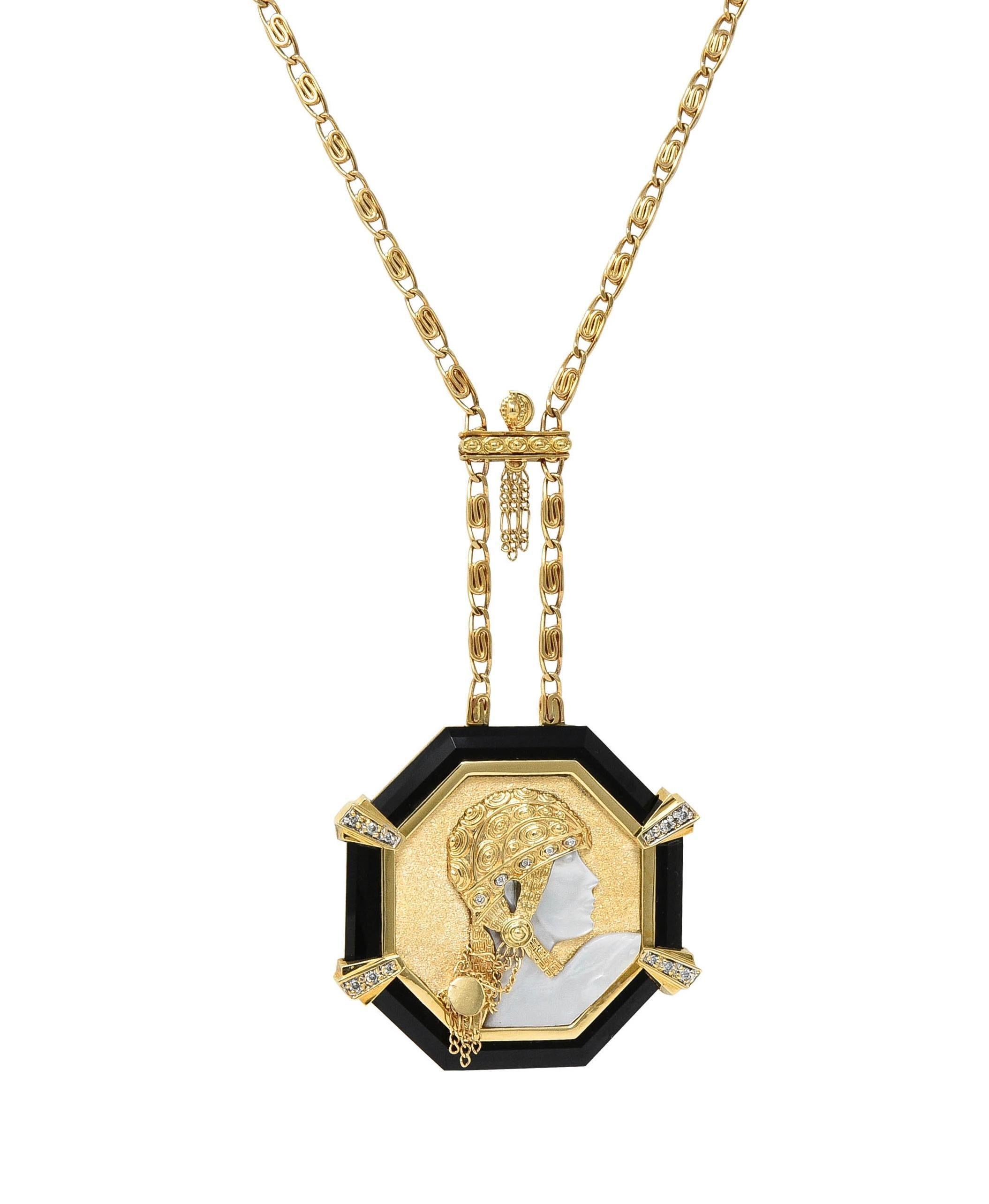 Erté 1970's Diamond Onyx Mother-Of-Pearl 14K Gold Vintage Aventurine Necklace 8