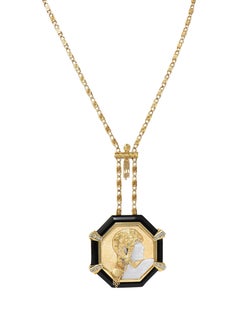 Collana Erté 1970 con diamante, onice e madreperla in oro 14K e avventurina vintage