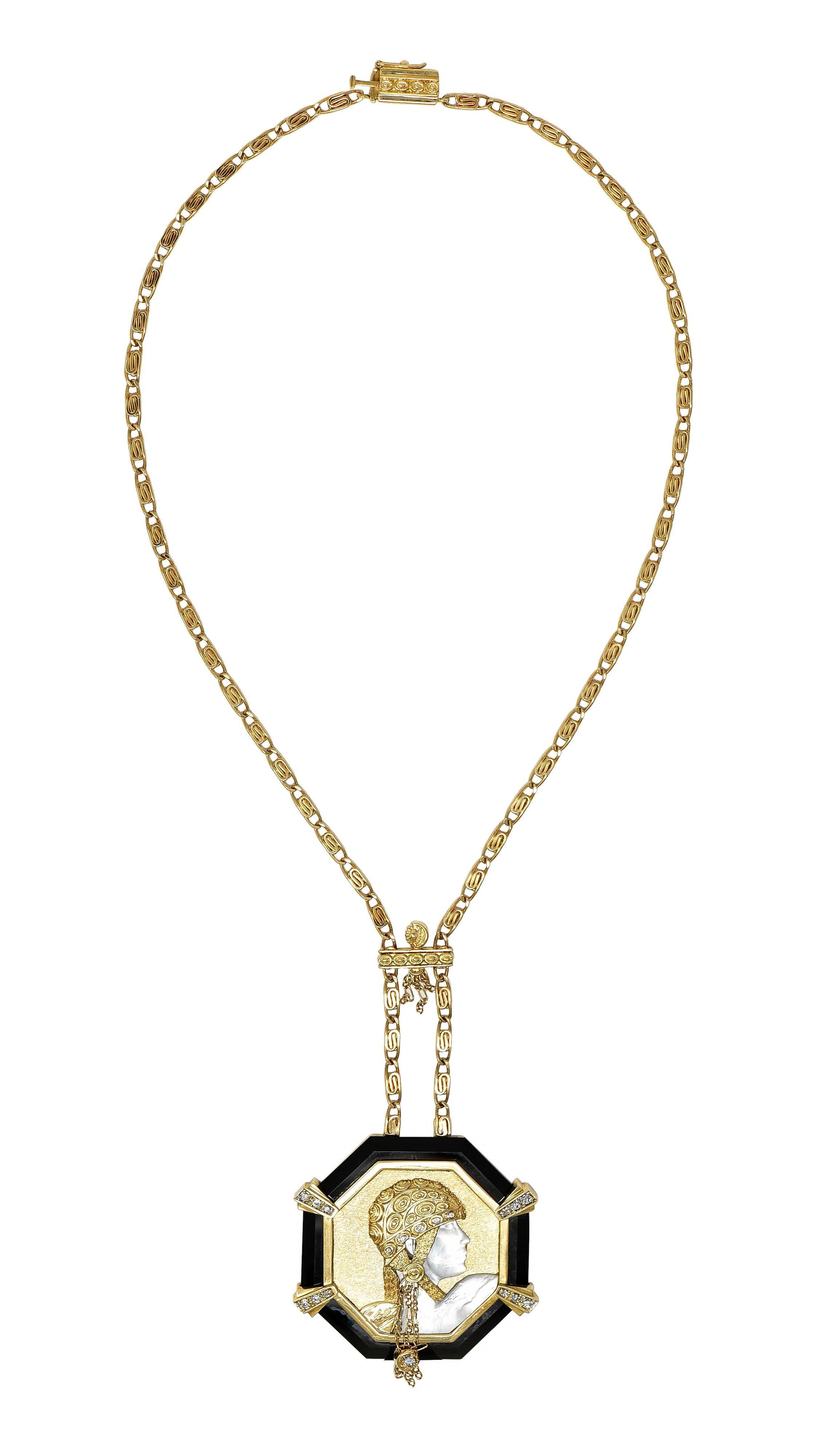 Brilliant Cut Erté 1970's Diamond Onyx Mother-Of-Pearl 14K Gold Vintage Aventurine Necklace