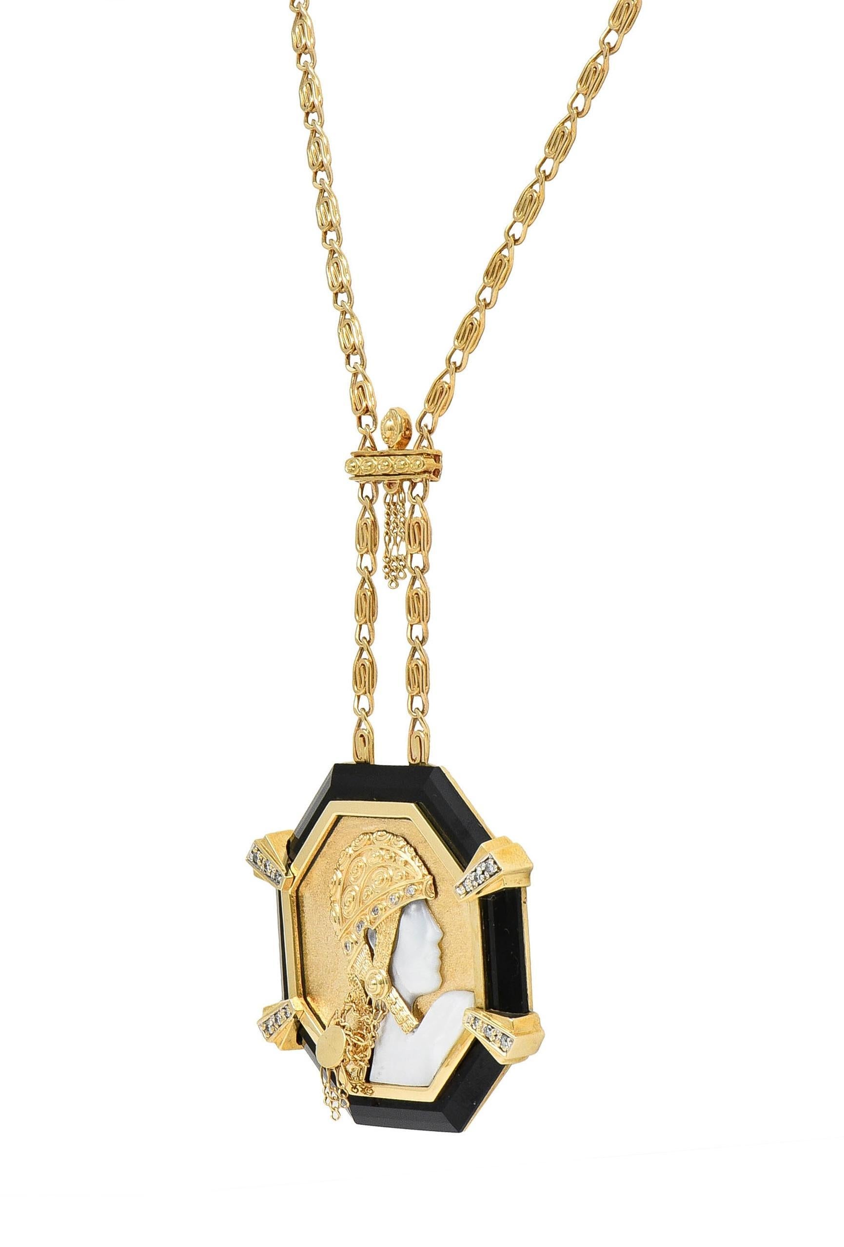 Erté 1970's Diamond Onyx Mother-Of-Pearl 14K Gold Vintage Aventurine Necklace In Good Condition In Philadelphia, PA