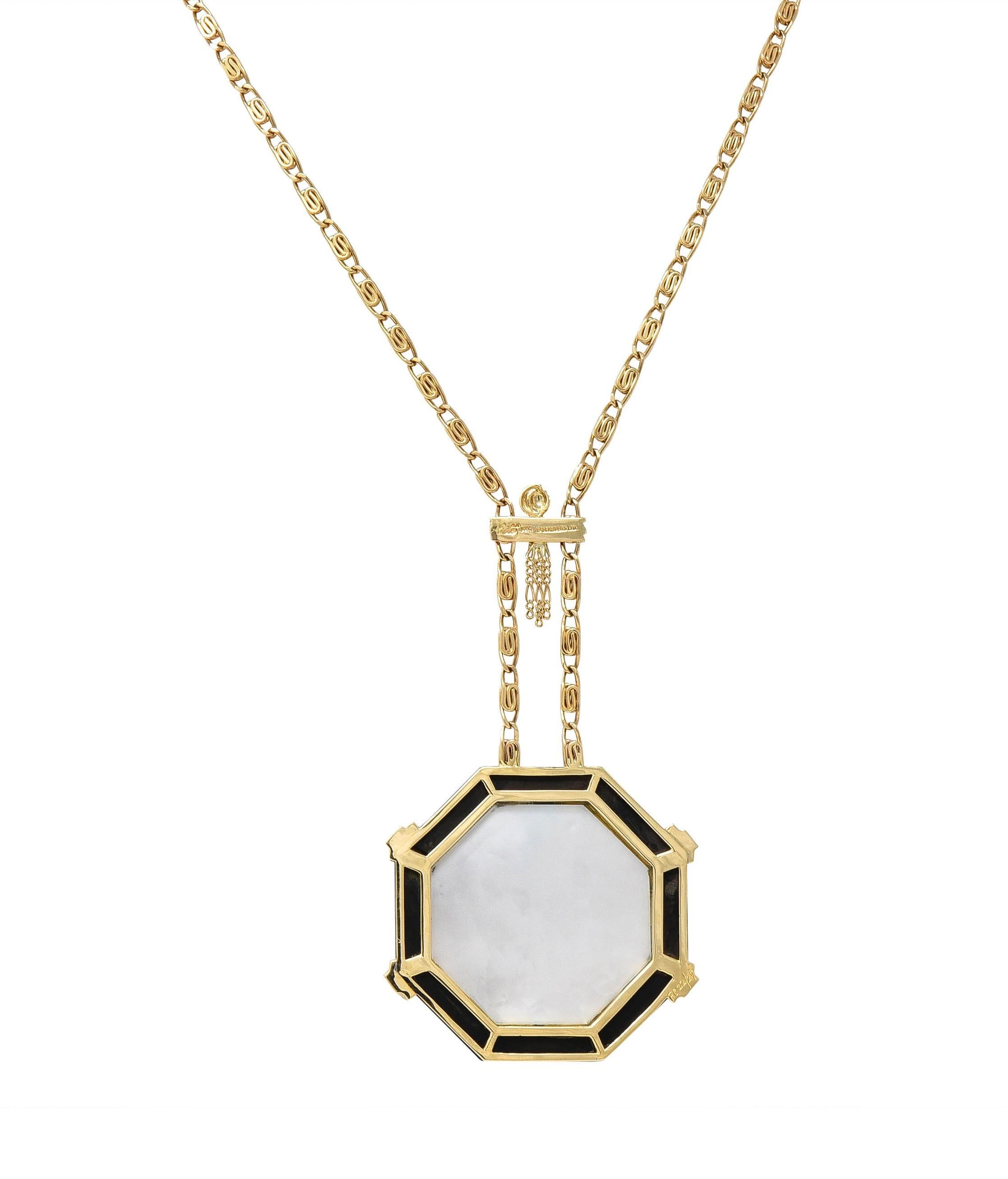 Women's Erté 1970's Diamond Onyx Mother-Of-Pearl 14K Gold Vintage Aventurine Necklace