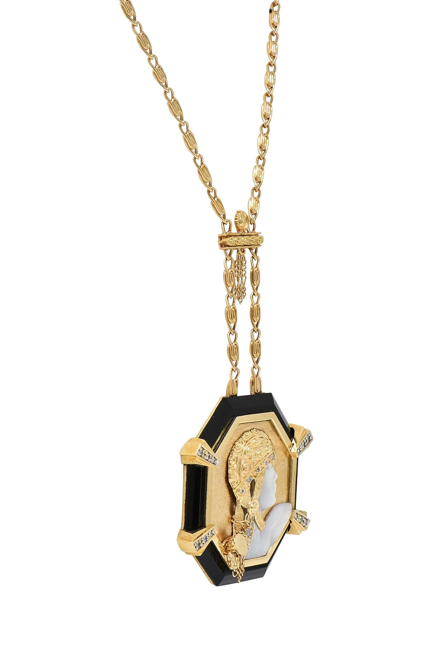Erté 1970's Diamond Onyx Mother-Of-Pearl 14K Gold Vintage Aventurine Necklace 1