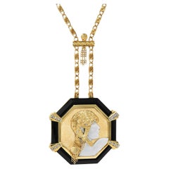 Erté 1970's Diamond Onyx Mother-Of-Pearl 14K Gold Vintage Aventurine Necklace