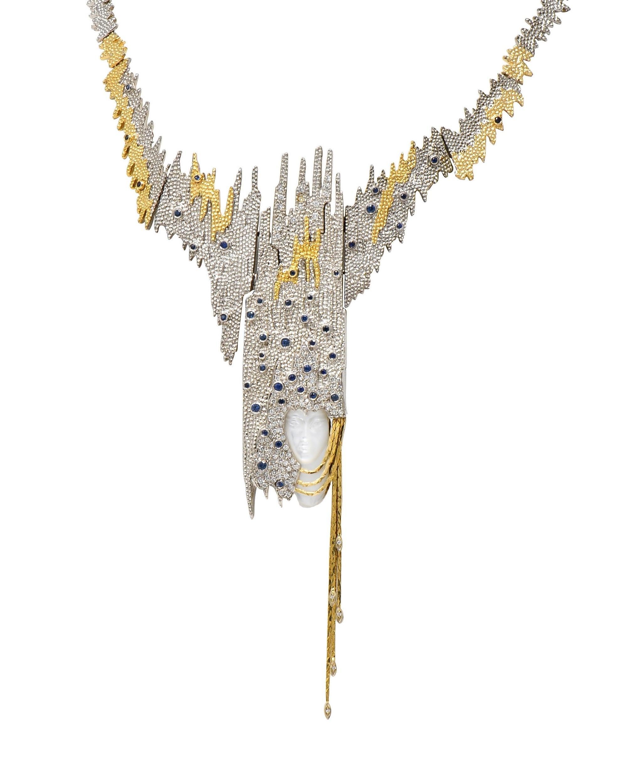 Erté 1970's Sapphire Diamond Silver 14K Vintage Sophistication Necklace Brooch For Sale 11