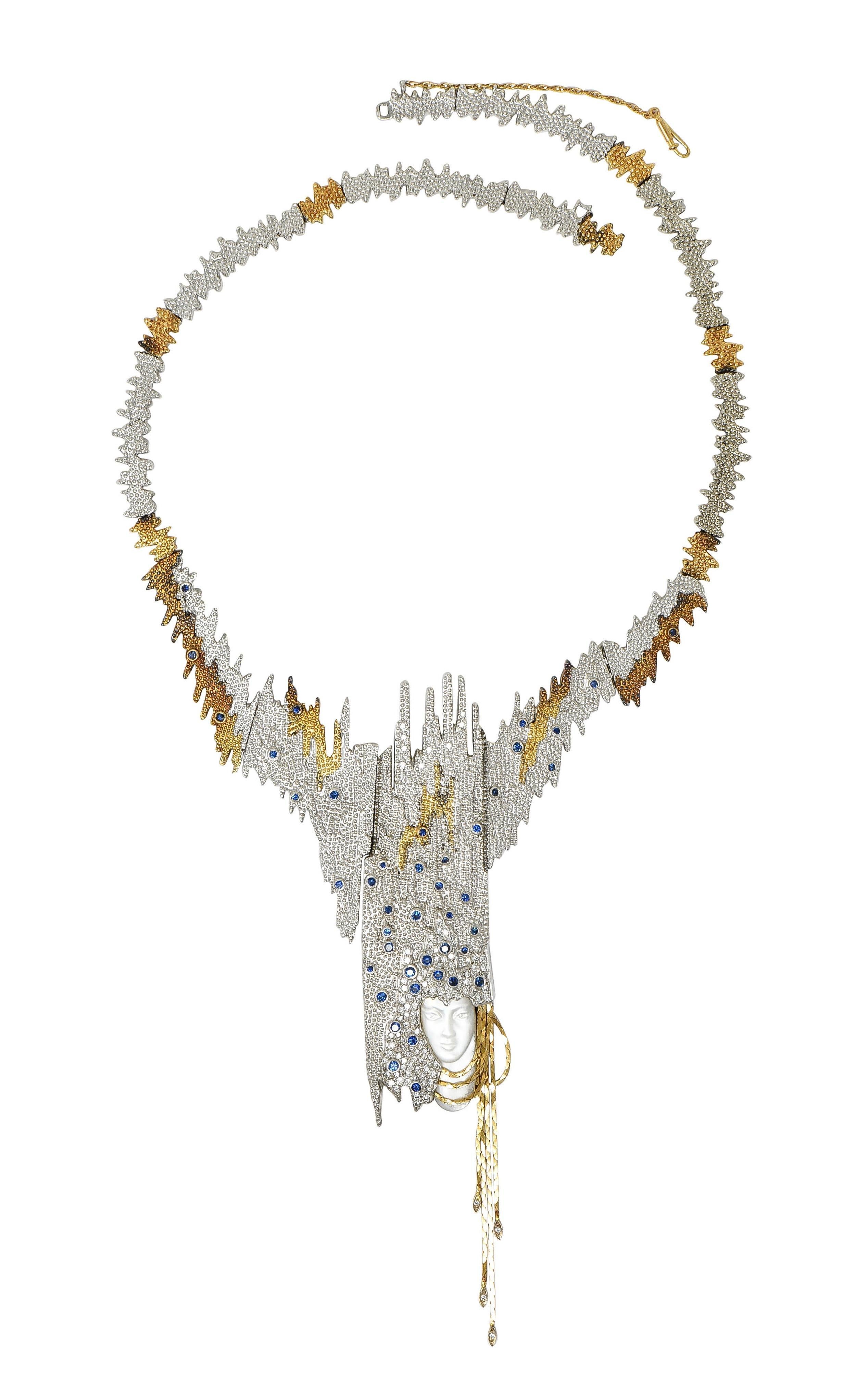 Erté 1970's Sapphire Diamond Silver 14K Vintage Sophistication Necklace Brooch In Good Condition In Philadelphia, PA