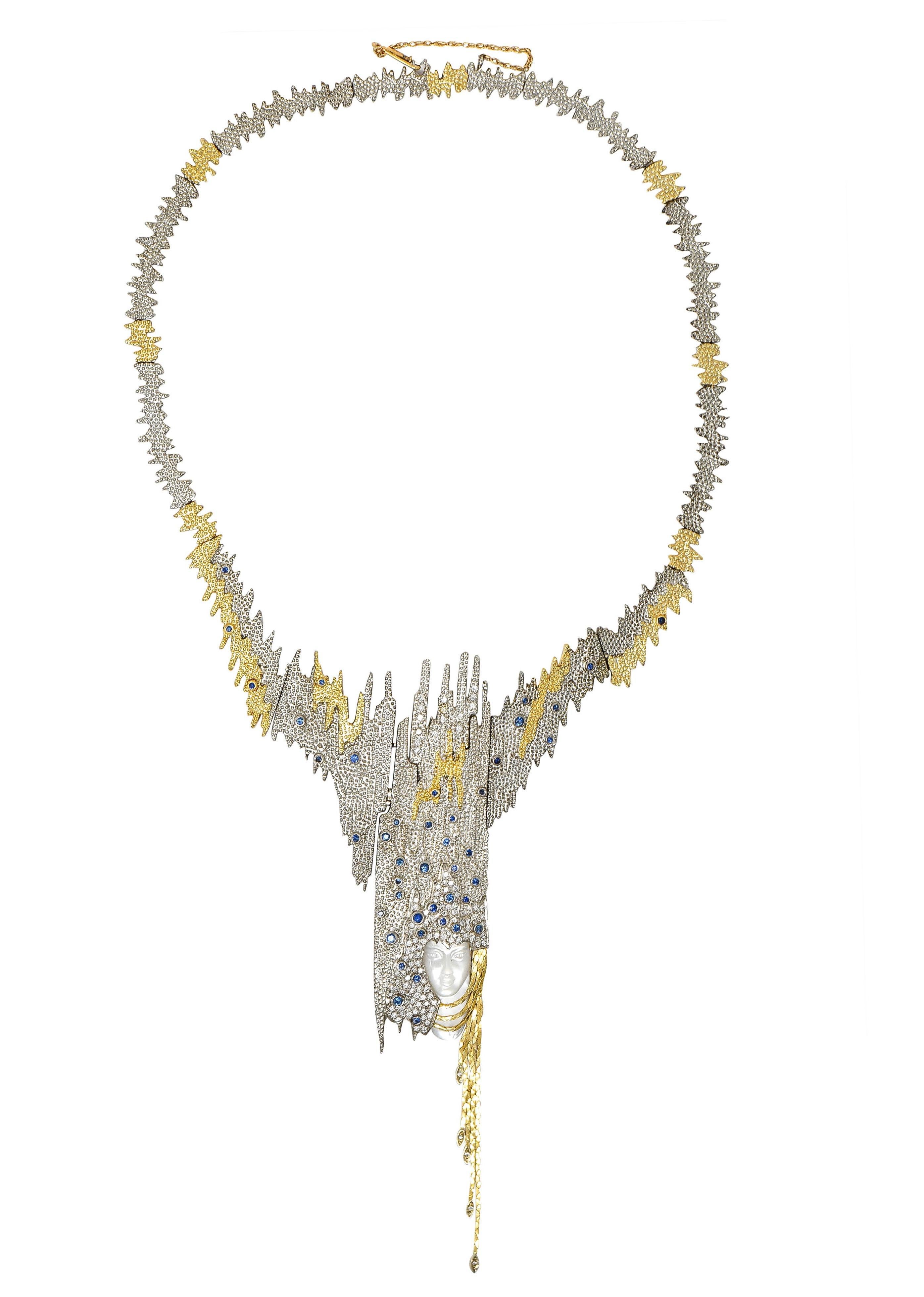 Women's Erté 1970's Sapphire Diamond Silver 14K Vintage Sophistication Necklace Brooch For Sale