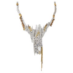 Erté 1970's Sapphire Diamond Silver 14K Vintage Sophistication Necklace Brooch