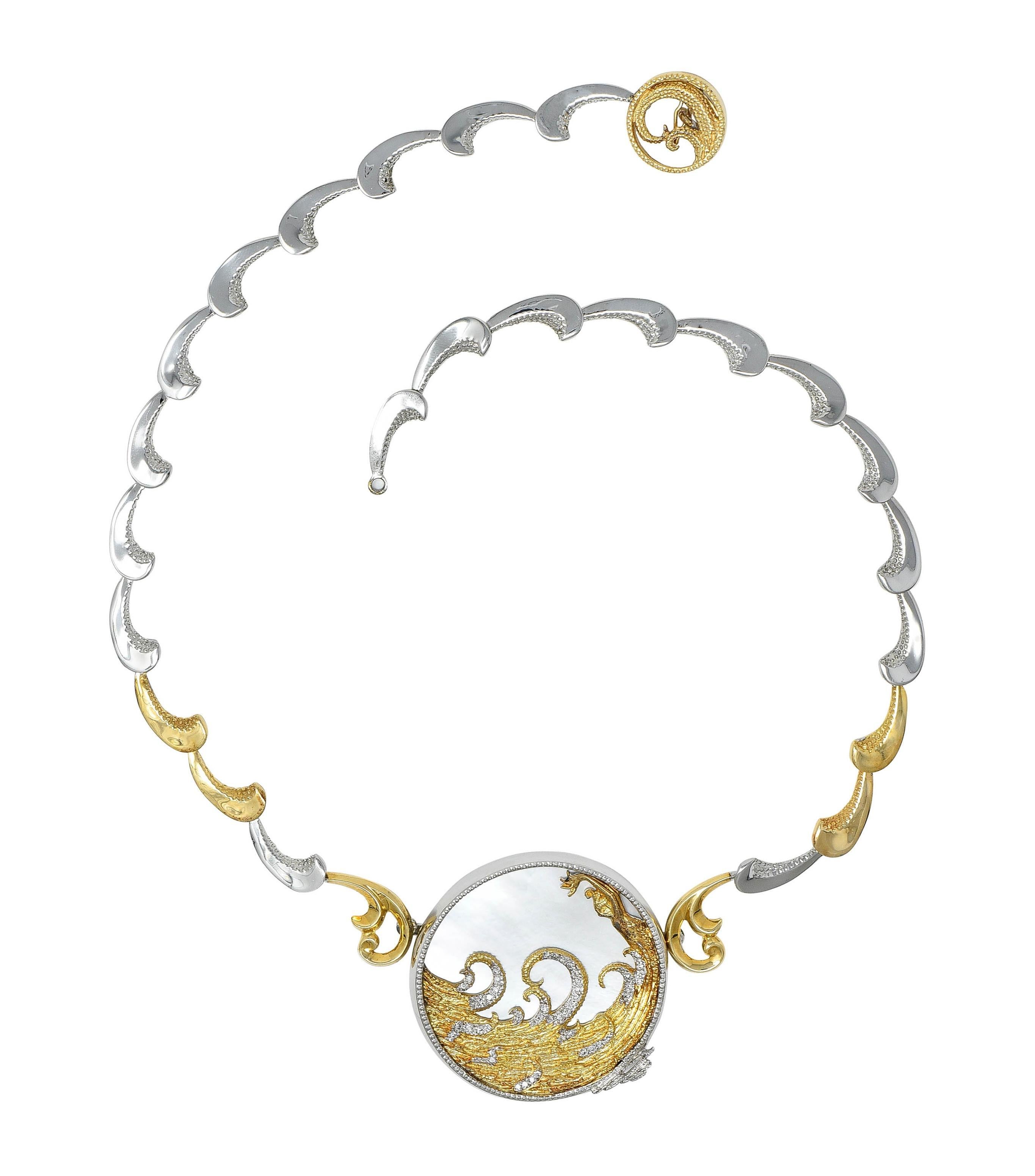 Erté 1980 Collana con diamante e madreperla in oro 14 carati e argento A. Silver In condizioni ottime in vendita a Philadelphia, PA