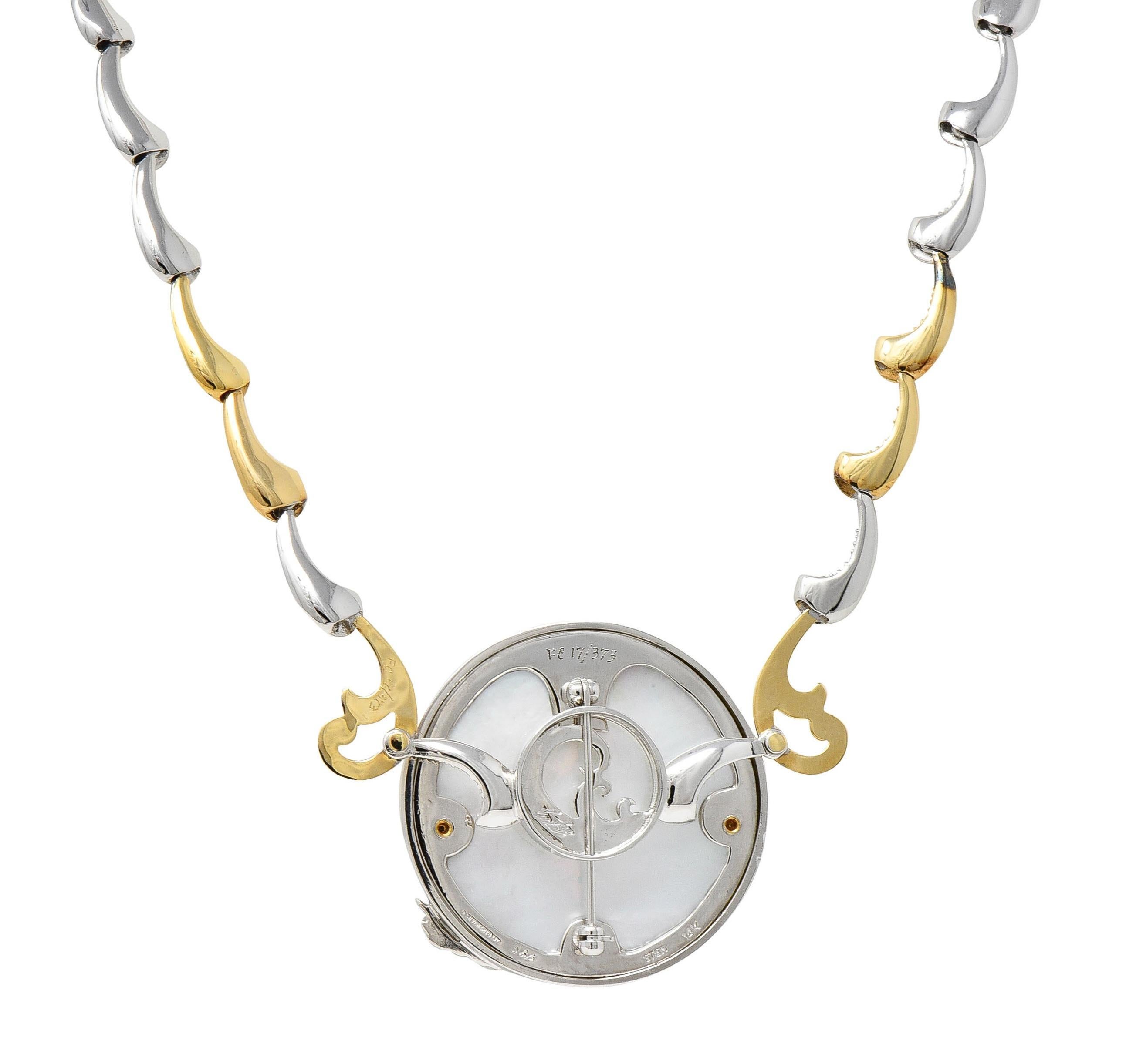 Erté 1980 Collana con diamante e madreperla in oro 14 carati e argento A. Silver in vendita 2