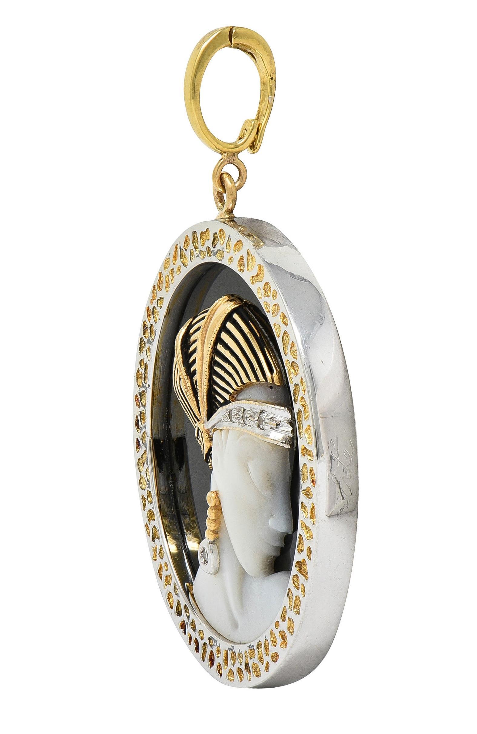 Erté 1980 Diamante Ónice Perla Oro de 14 quilates Plata Colgante Broche Encanto de Amor Corte redondo en venta