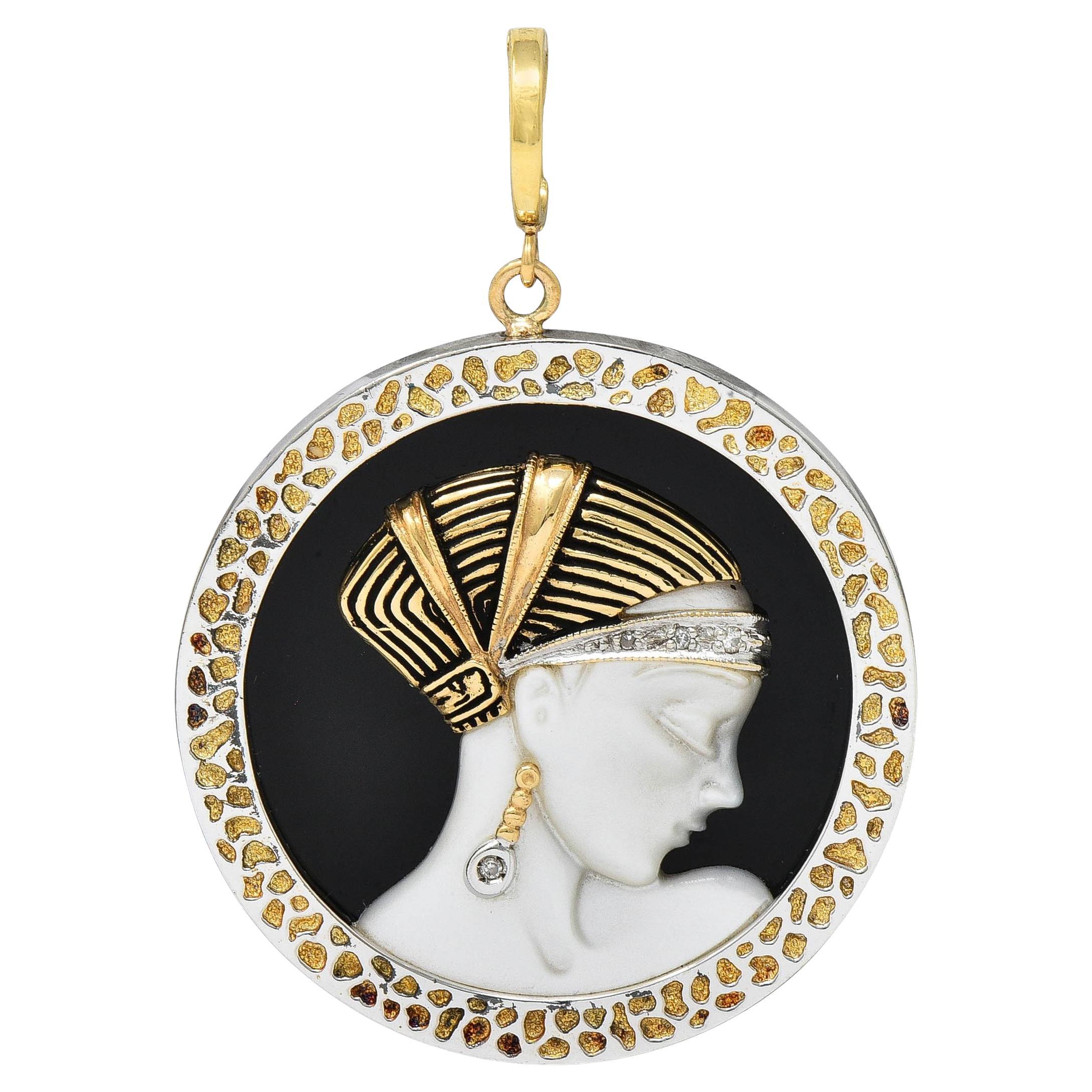 Erté 1980 Diamante Ónice Perla Oro de 14 quilates Plata Colgante Broche Encanto de Amor en venta