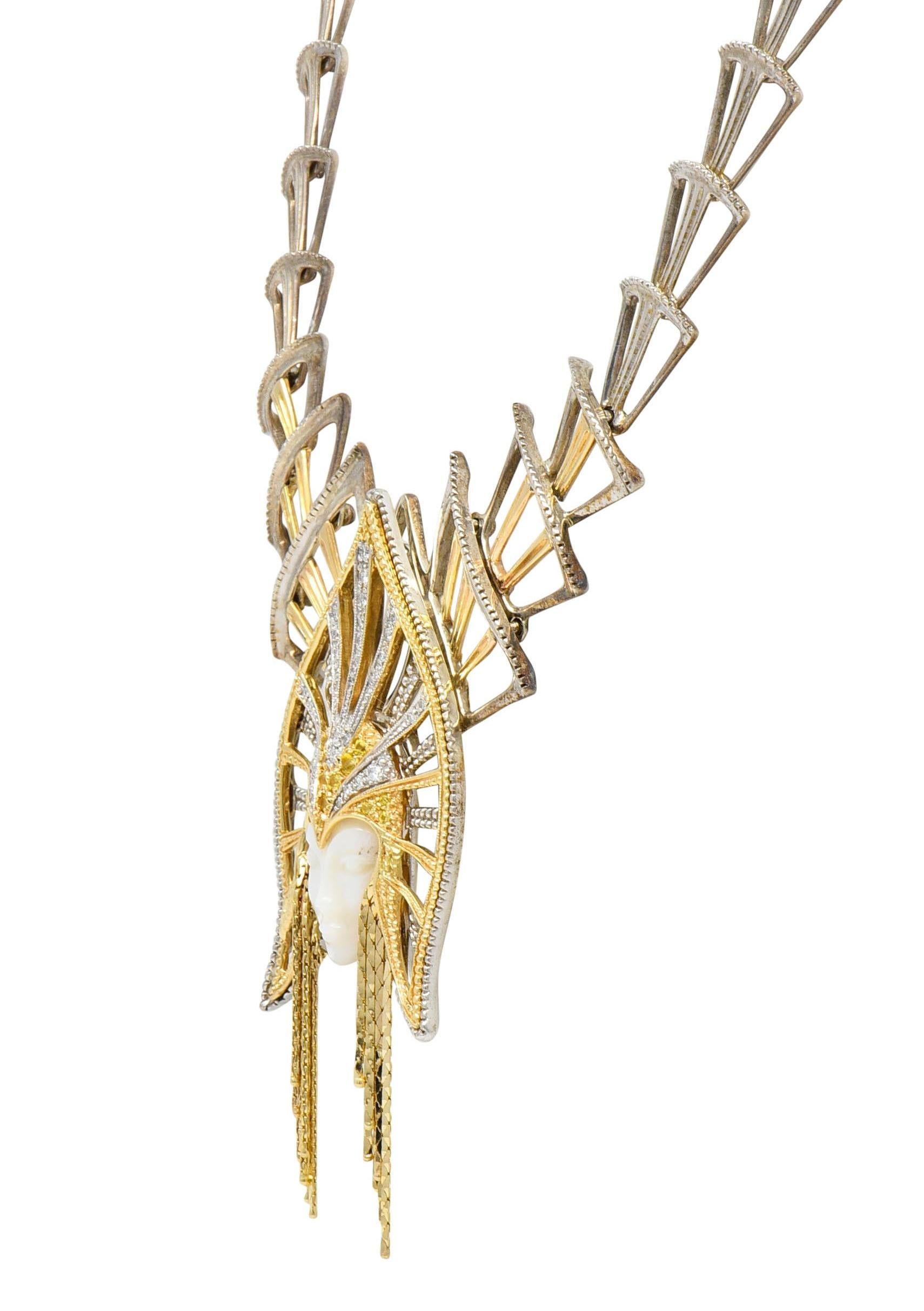 Erté 1980s 1.45 CTW Diamond Sapphire 14K Gold Silver Mystere Brooch Necklace For Sale 5