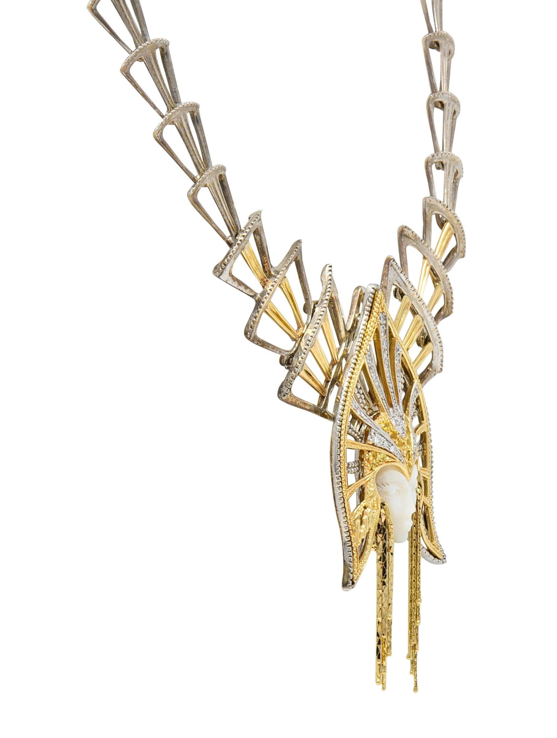 Erté 1980s 1.45 CTW Diamond Sapphire 14K Gold Silver Mystere Brooch Necklace For Sale 7