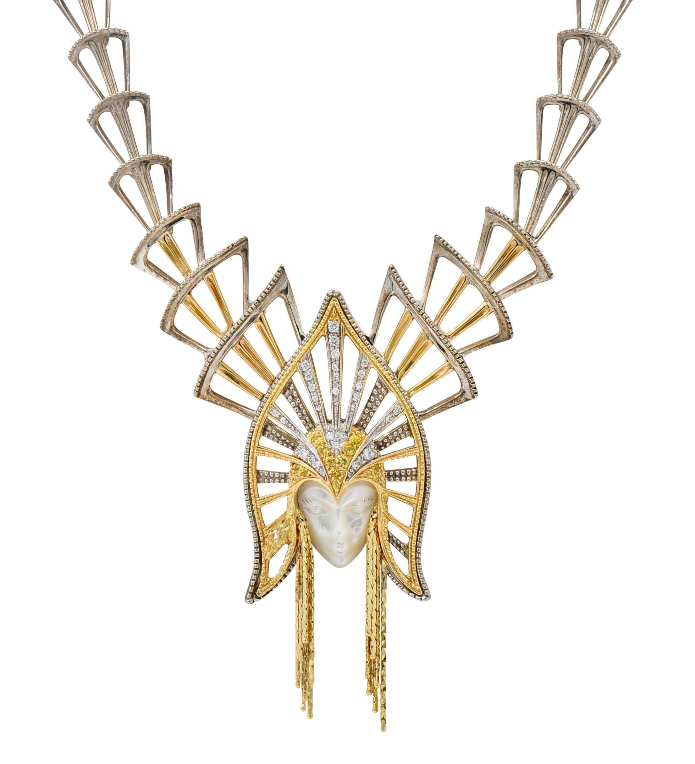Erté 1980s 1.45 CTW Diamond Sapphire 14K Gold Silver Mystere Brooch Necklace For Sale 10