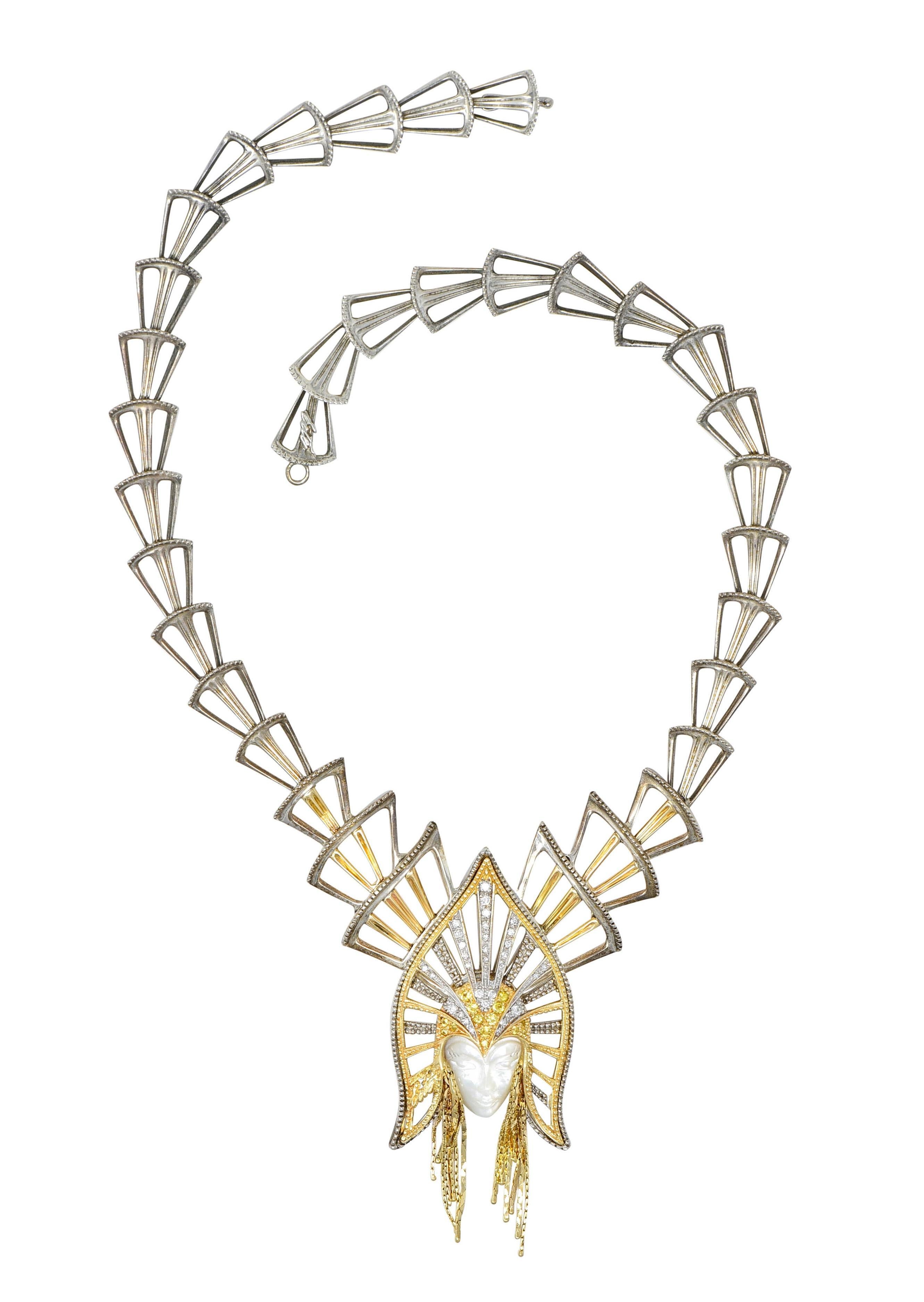 Erté 1980s 1.45 CTW Diamond Sapphire 14K Gold Silver Mystere Brooch Necklace For Sale 11