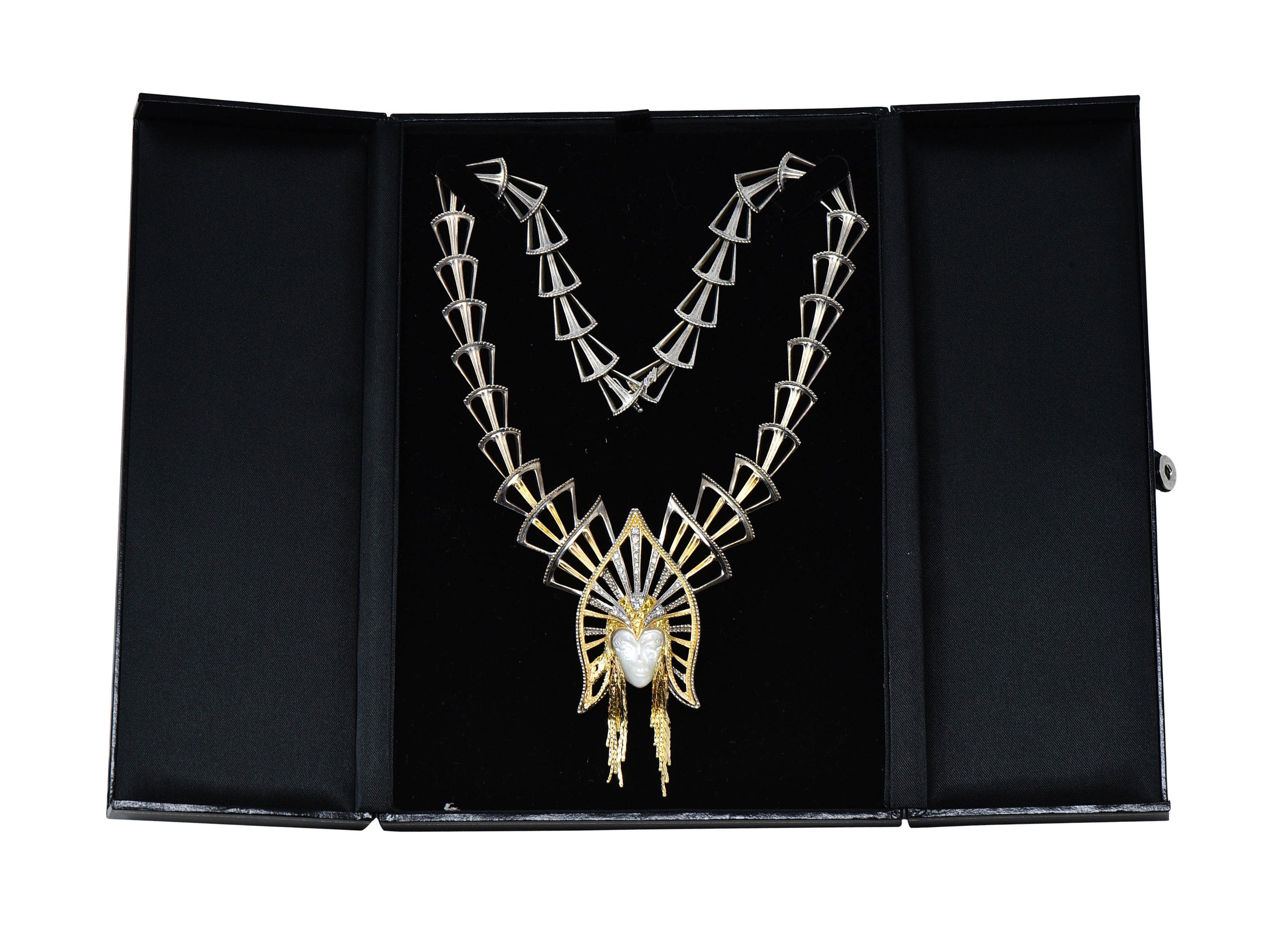 Erté 1980s 1.45 CTW Diamond Sapphire 14K Gold Silver Mystere Brooch Necklace In Excellent Condition For Sale In Philadelphia, PA