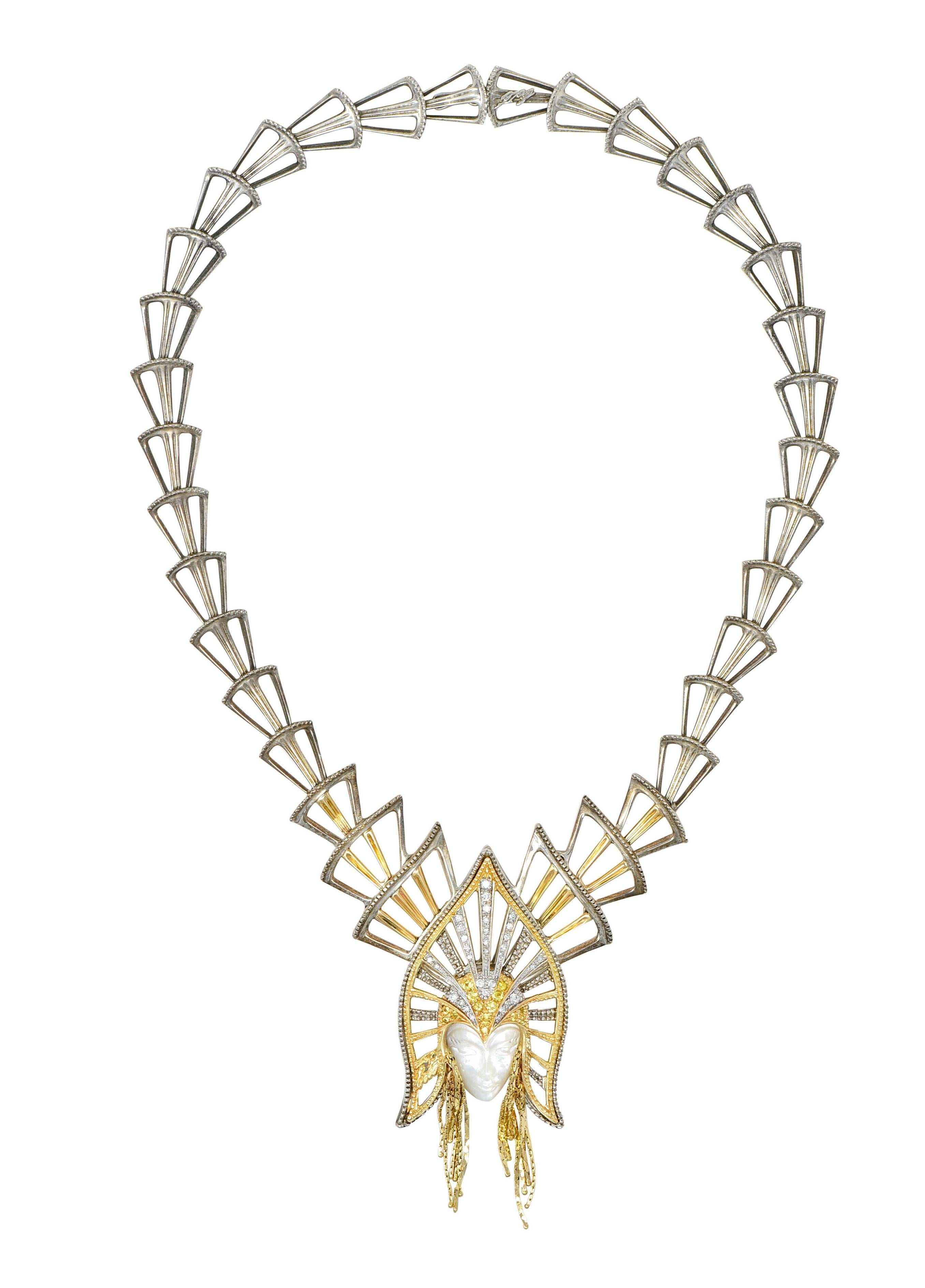 Women's or Men's Erté 1980s 1.45 CTW Diamond Sapphire 14K Gold Silver Mystere Brooch Necklace For Sale