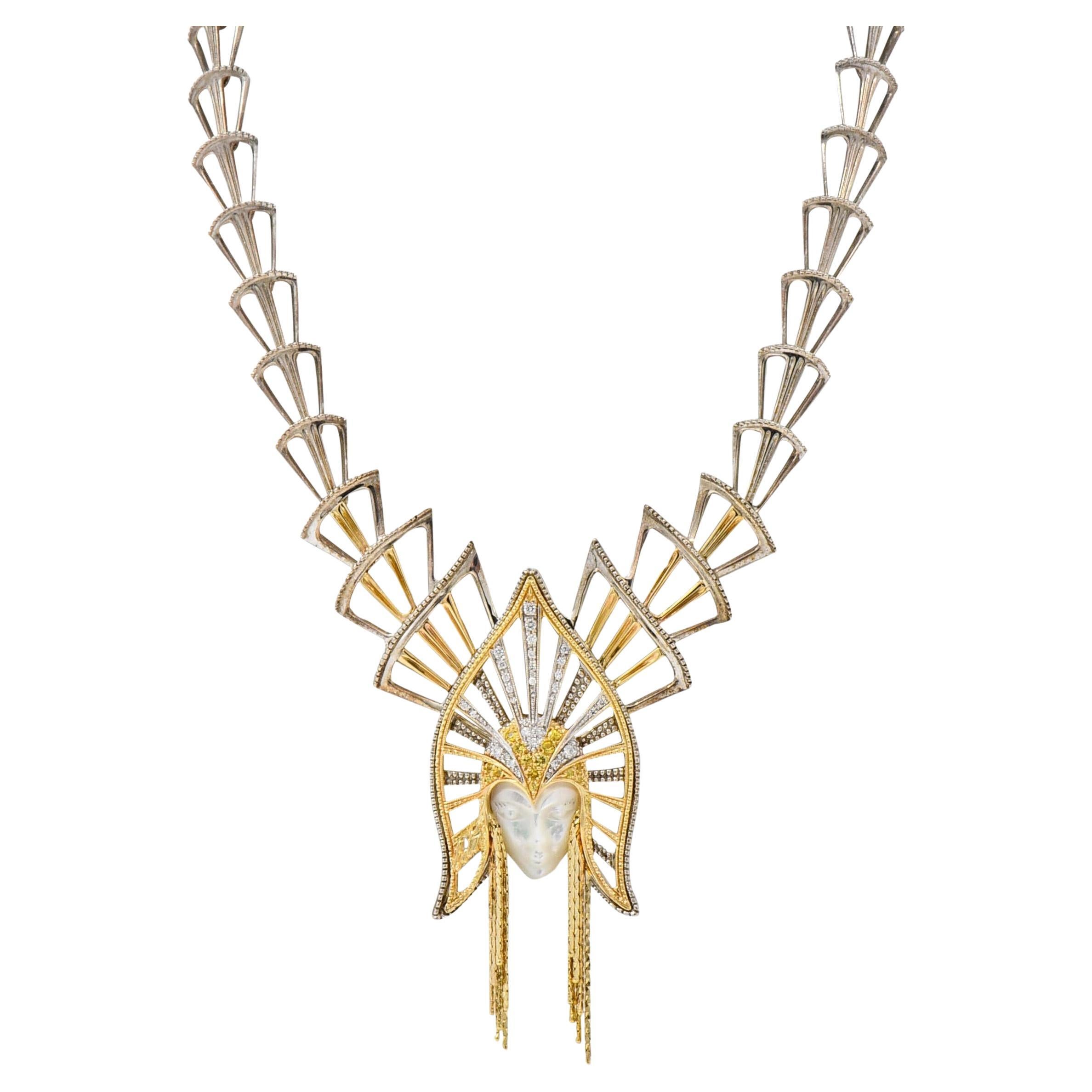 Collar Broche Erté 1980s 1.45 CTW Zafiro Diamante Oro 14K Plata Mystere